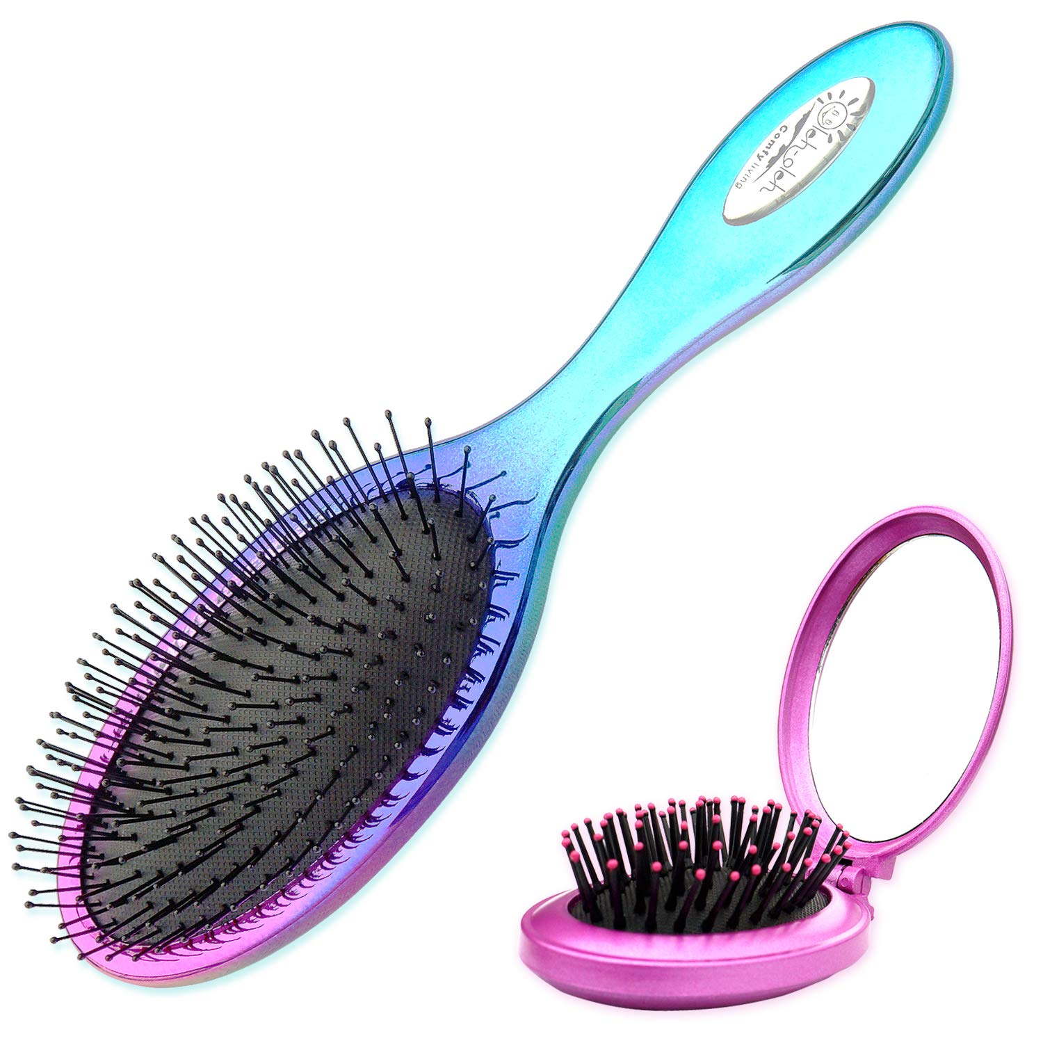 Oleh-Oleh Wet and Dry Brush Pro Detangle Hair Brush + Folding Mirror Mini Pop Up Hairbrush (rose+blue)