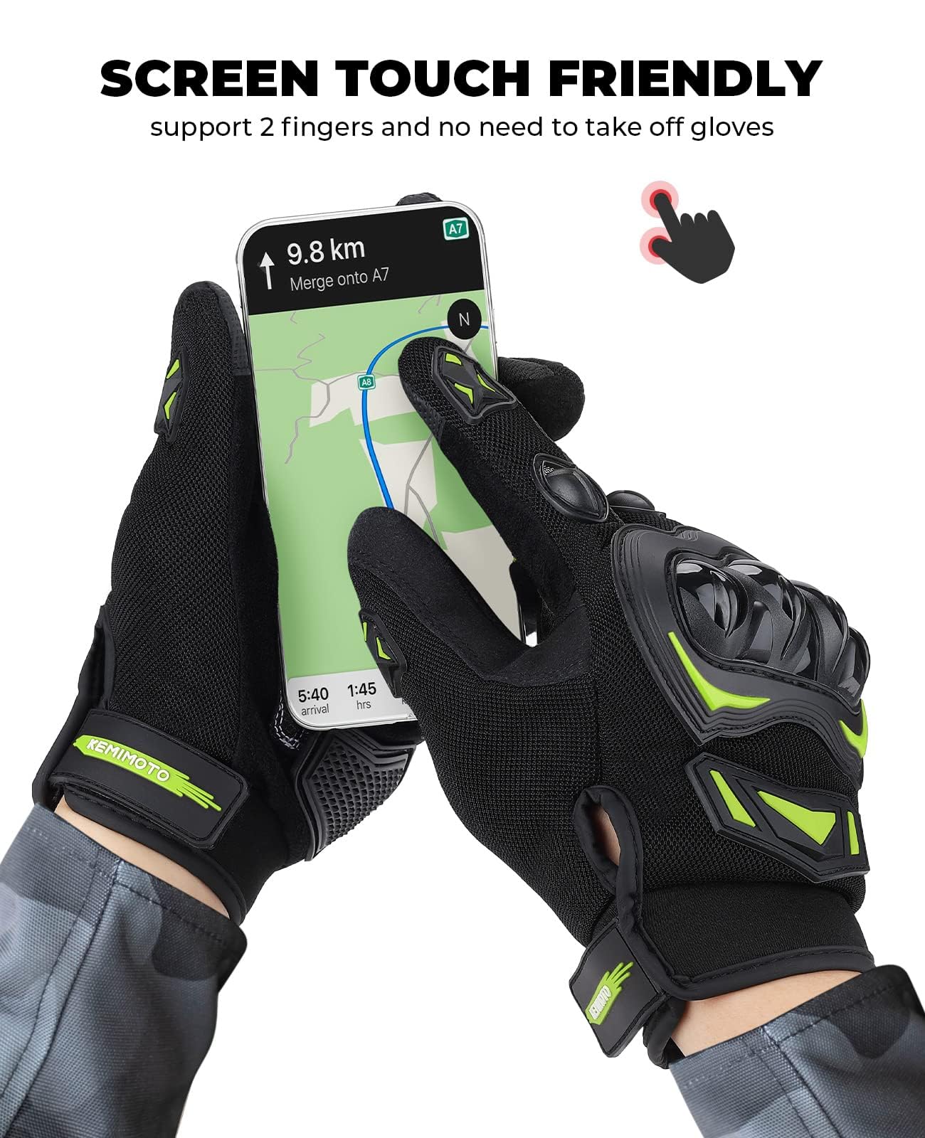 KEMIMOTO Motorhandschoenen voor heren, motorhandschoenen met enkelbeschermer en touchscreen, sporthandschoenen voor heren en dames, voor motorfiets, fiets, scooter, jacht