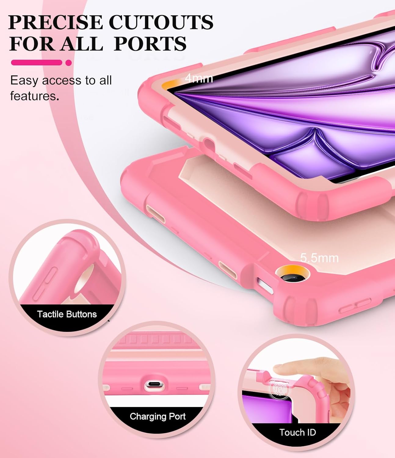 OKP Case for iPad Air 11-inch M2/M3 (2024/2025) (Air 6th), for iPad Air 5th/4th Generation (2022/2020) 10.9'', Heavy Duty Rugged Air 6 5 4 th Gen iPad Cover with Pencil Holder/Stand, Pink+LightPink