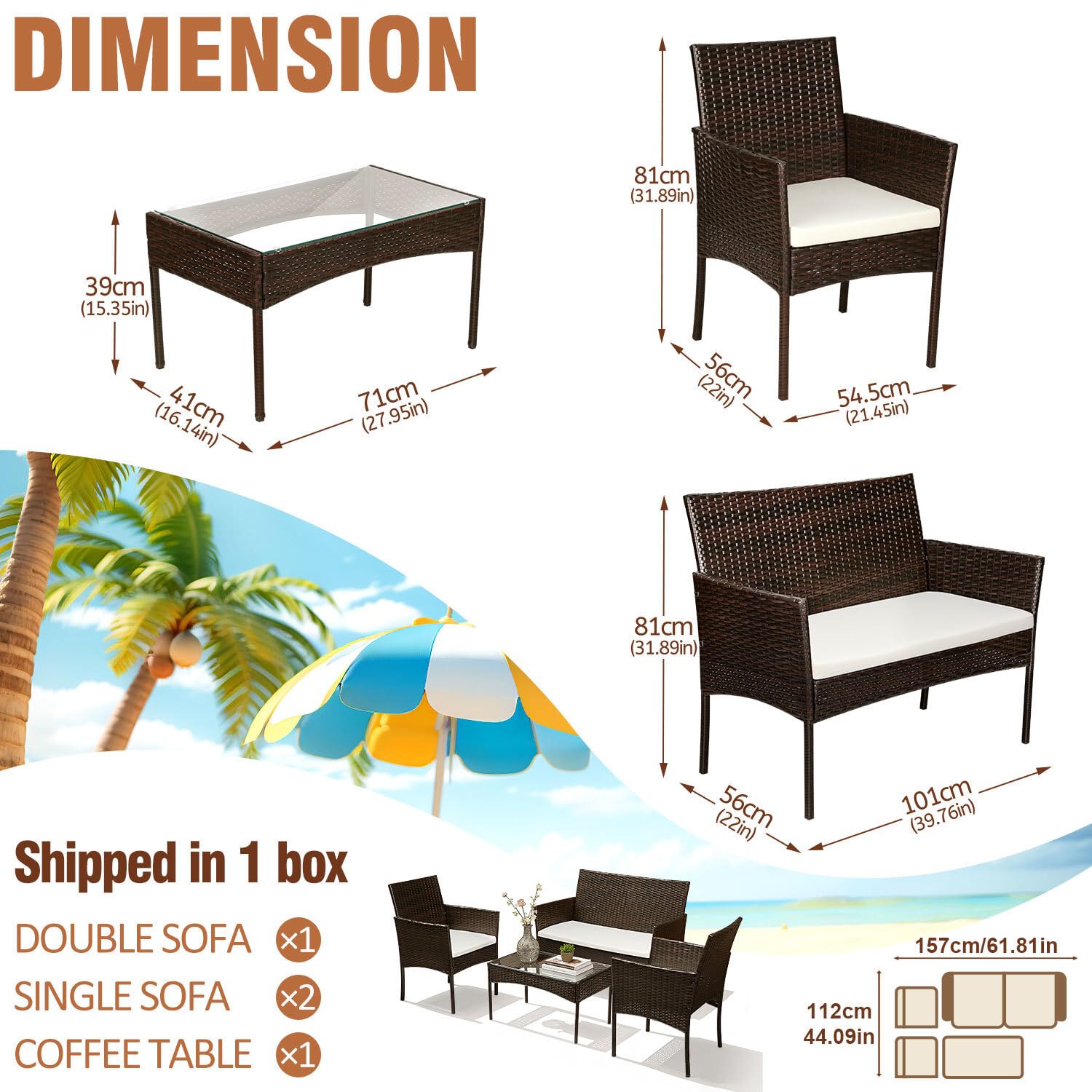 Polyrattan Sitzgruppe, 7-teilige Gartenmöbel Set inkl. Sitzpolster und Tisch, Terrassenmöbel Balkonmöbel für 4 Personen, für Outdoor Garten Terrasse, Braun