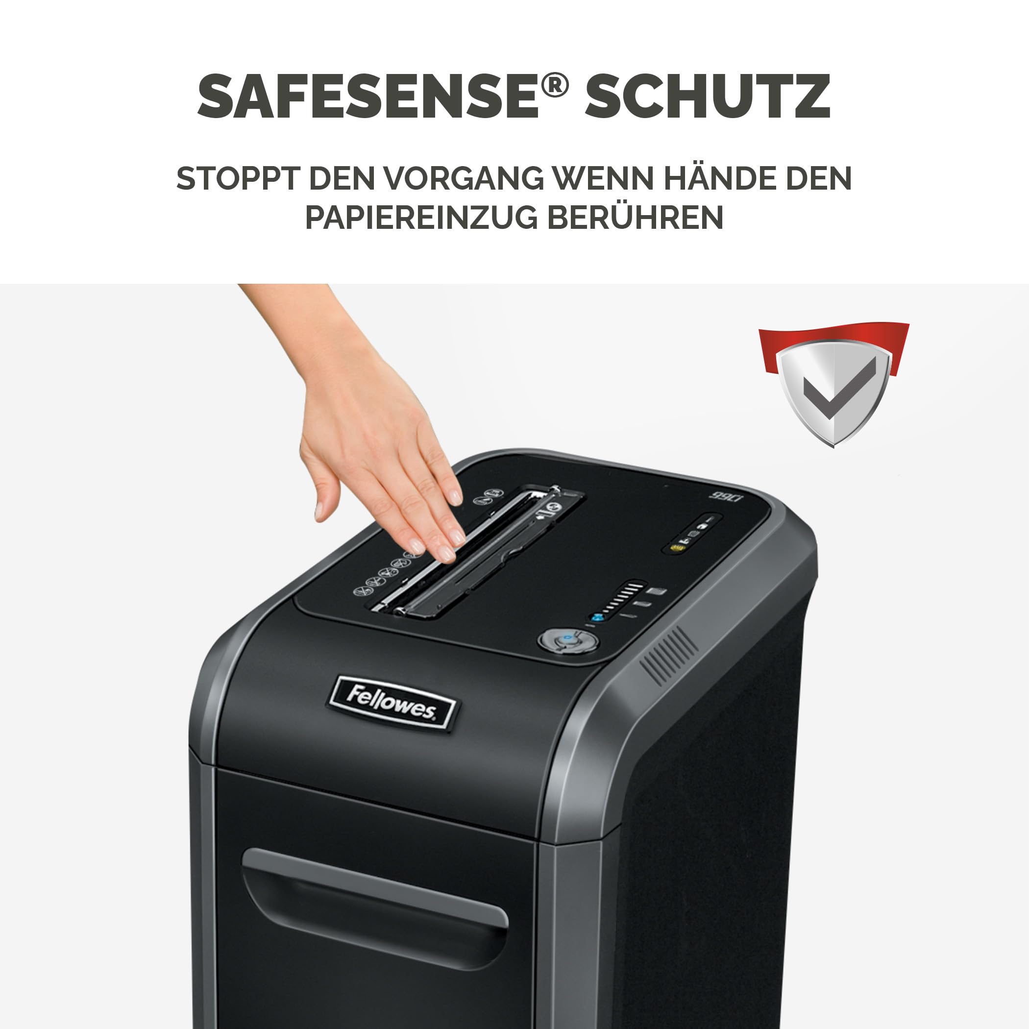 Fellowes 18 Blatt Aktenvernichter, Partikelschnitt (P4) Papierschredder für Büro, Powershred 99Ci, Schredder mit 100% staufrei Technologie, Safesense, Energiesparsystem, 34L Papierkorb, CD Schredder