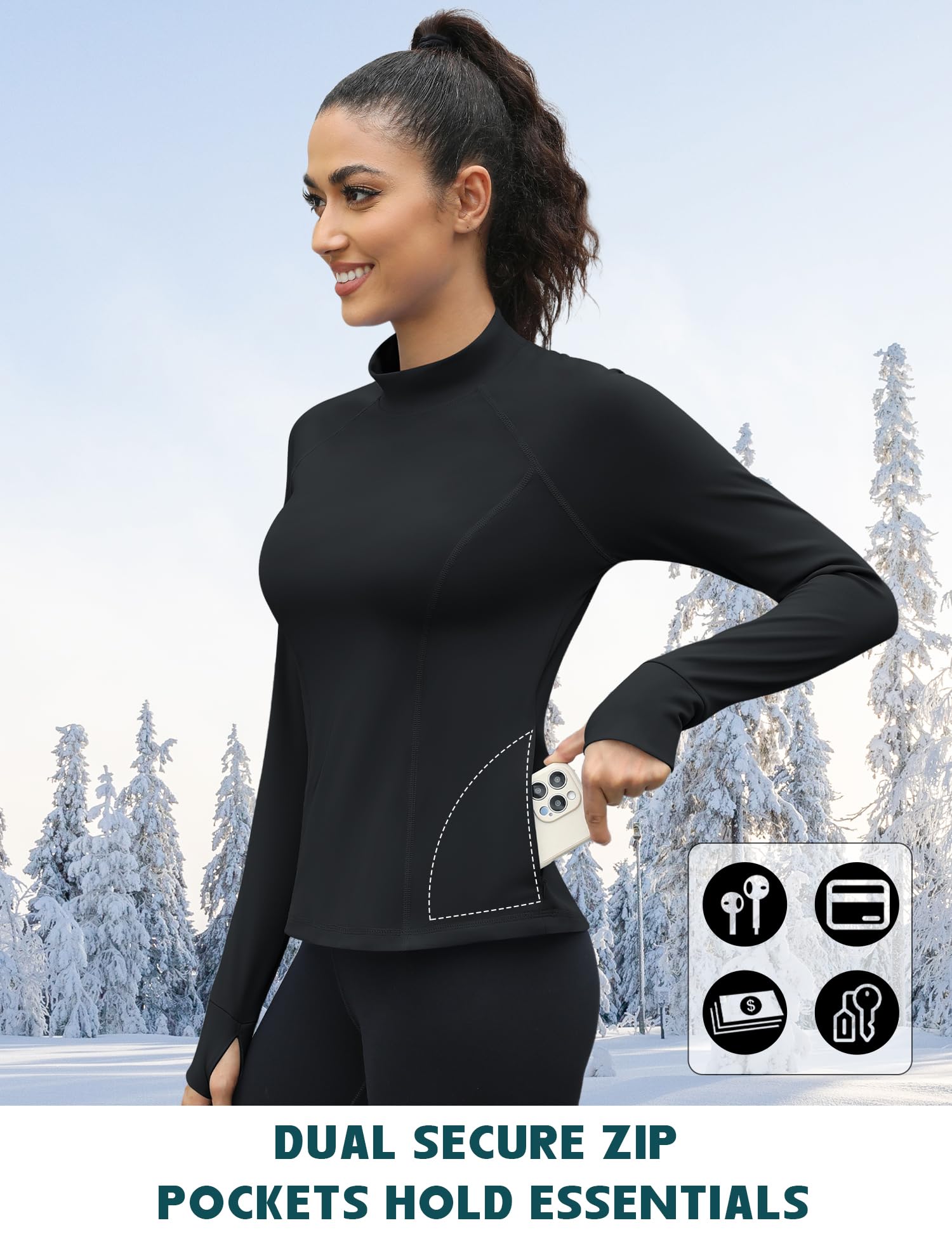 IECCP Maglia termica da donna in pile a maniche lunghe, per allenamento, corsa, atletica, con fori per il pollice, tasca con cerniera
