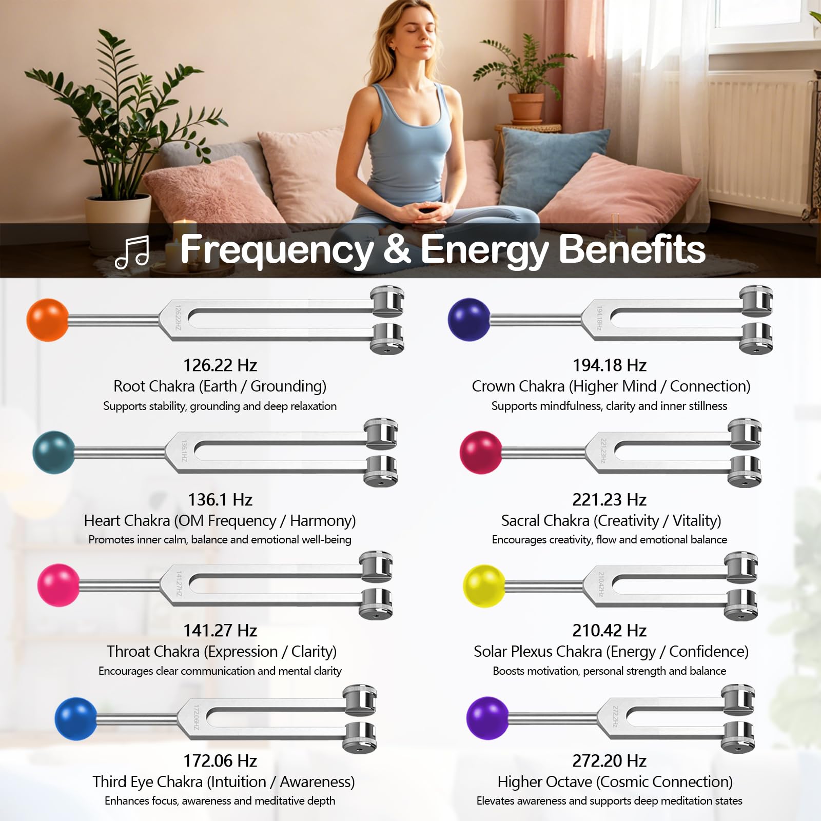 Solfeggio Chakra Set di diapason per yoga, meditazione e terapia del suono, con panno per la pulizia, sacchetto e attivatore per rilassarsi, alleviare lo stress e armonizzare l'esperienza sonora