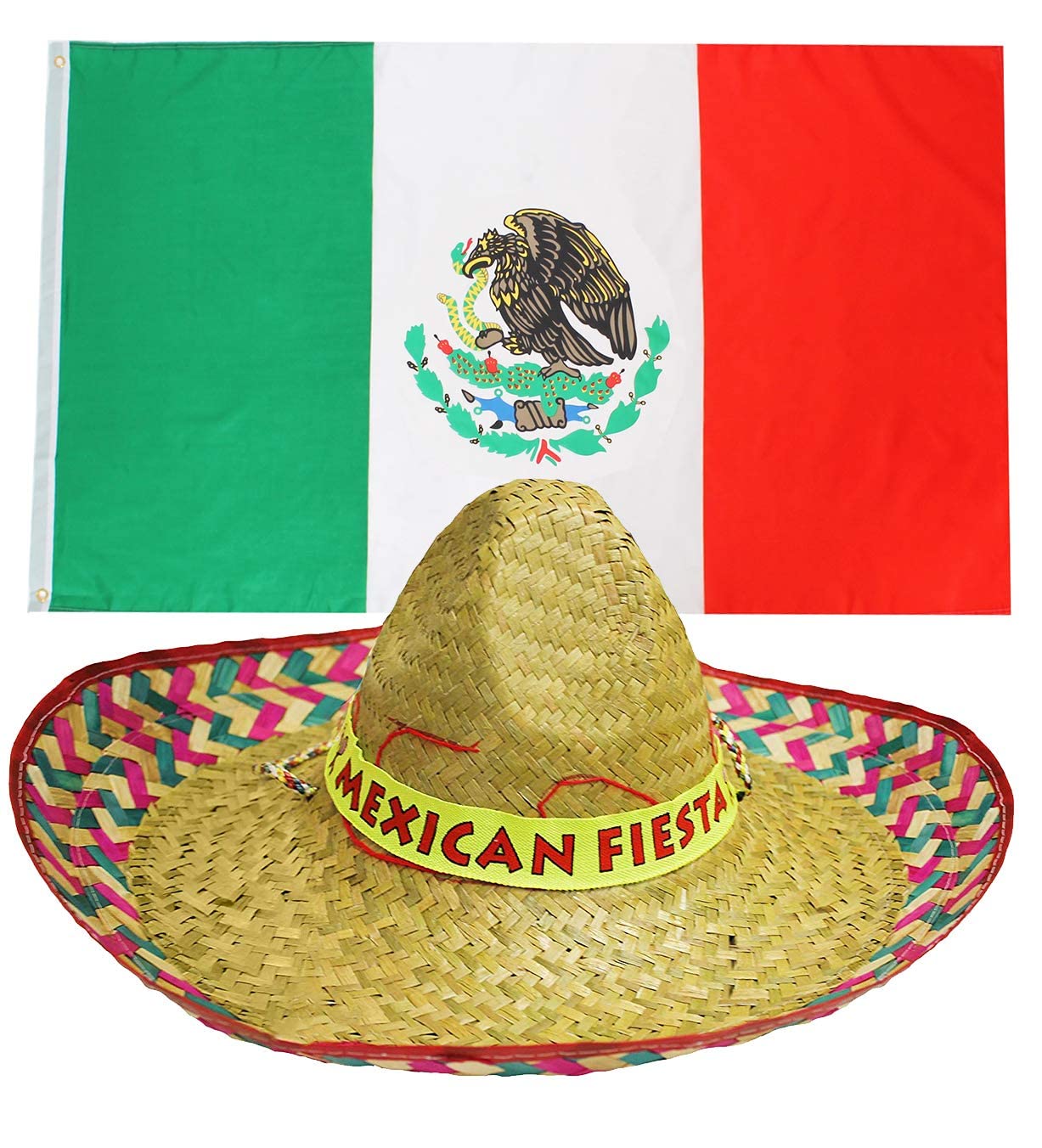Mexican Flag & Hat Fancy Dress Accessory Set. 3x5ft Flag + Mexican Sombrero. Cinco De Mayo Mexico Supporters Flag & Hat Fancy Dress Accessory Set Football Flag โ image 1