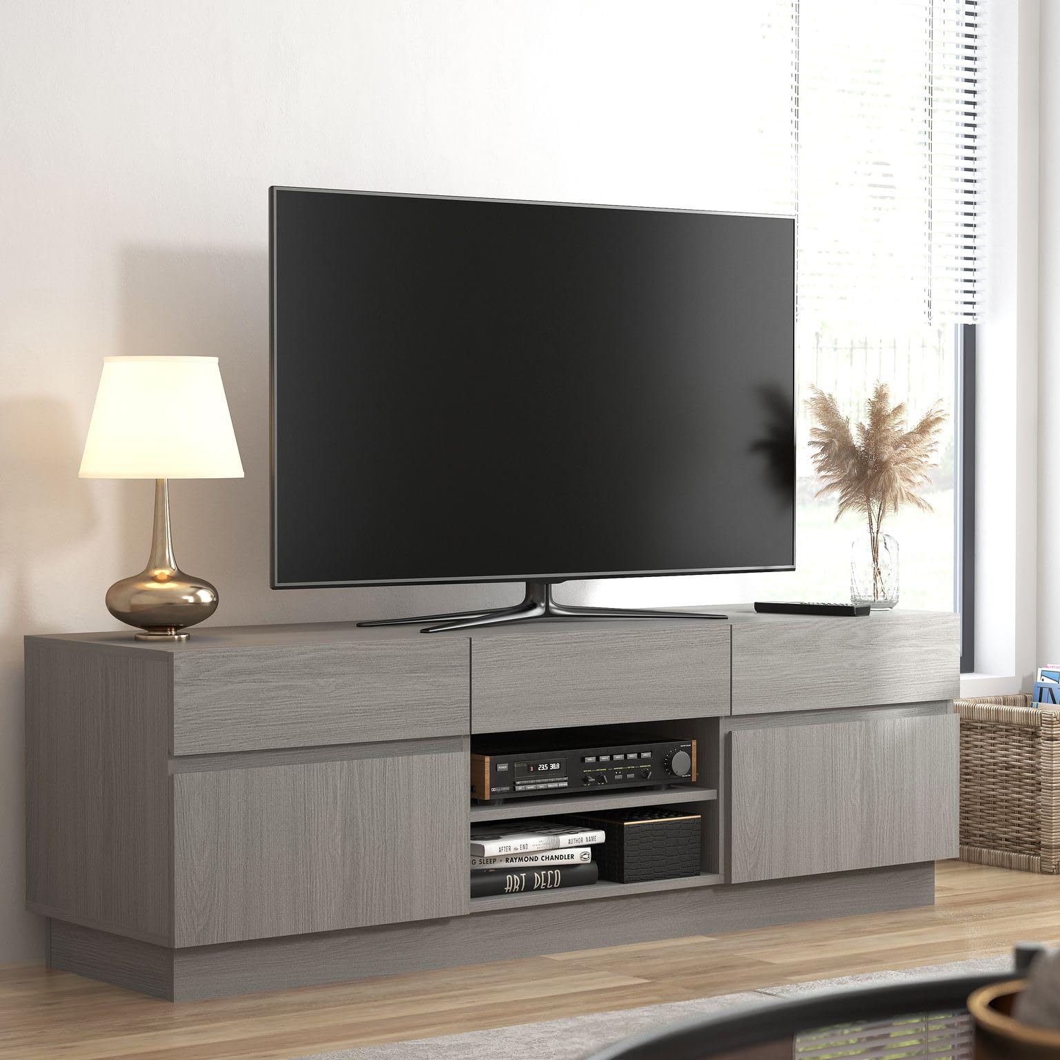 Galano Anderson TV Stand – 140cm Entertainment Unit for up to 60" TV, 2-Door Cabinet with Large Storage, Cool Grey Oak