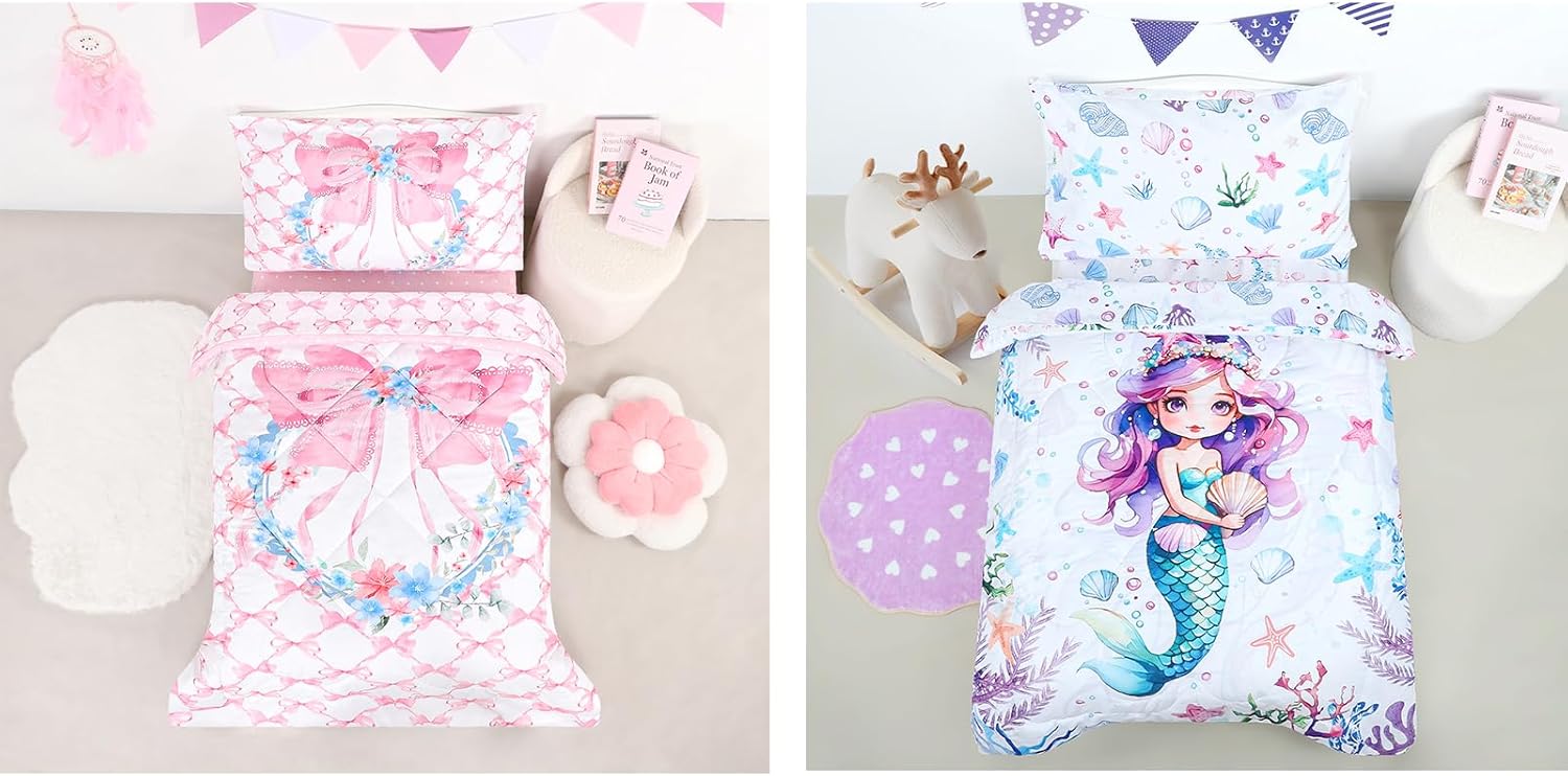 Toddler Bedding Set for Girls, 4 Piece Toddler Bedding Sets Purple Toddler Bed Comforter Set Includes Soft Reversible Comforter, Fitted Sheet, Flat Sheet, Envelope Pillowcase, Pink & Purple