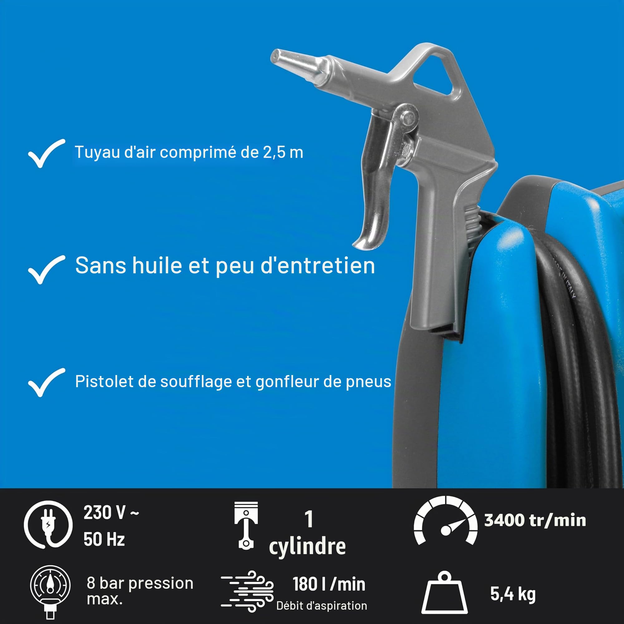 Güde Compresseur Airpower 180/08 (sans huile et nécessitant peu d'entretien, entraînement par courroie, 8 bars, 1100 W, débit effectif 140 l/min, tuyau d'air comprimé de 2,5 m avec raccord rapide