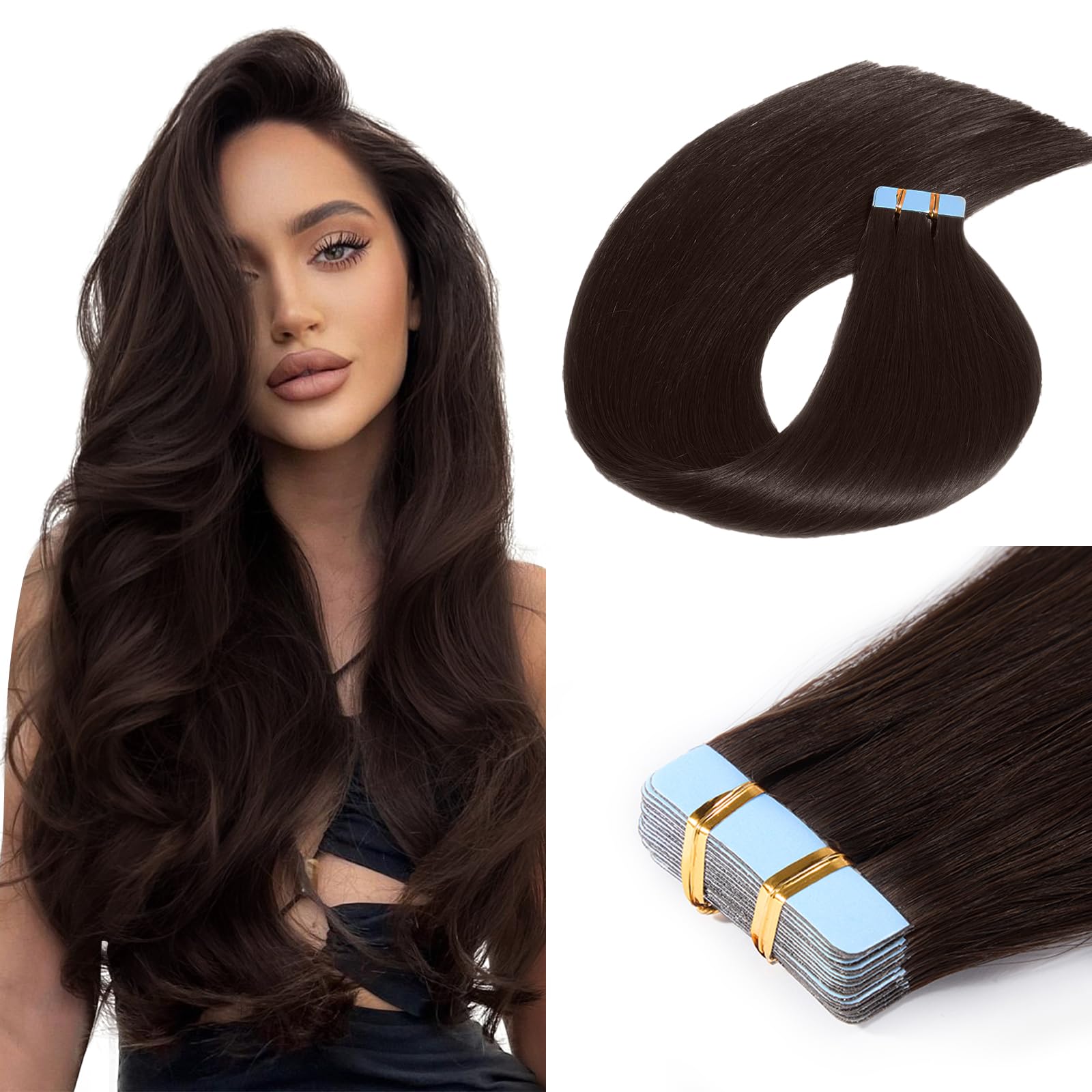 FoxFace Tape in Hair Extensions Human Hair, Dark Brown 18inch 50g 20pcs, Remy Tape Ins Real Human Hair
