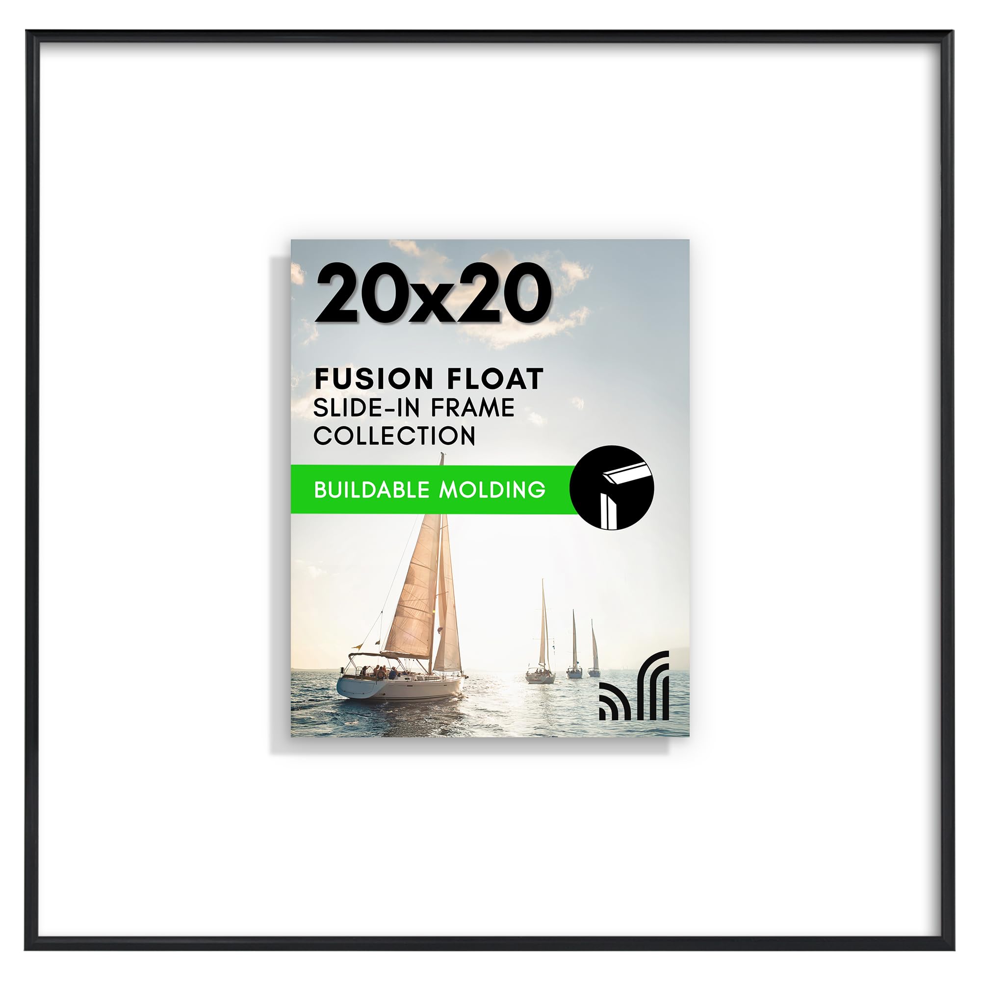 Americanflat 20x20 Floating Picture Frame with Polished Plexiglass - Use as 8x10 Frame with Mat or 20x20 Frame Without Mat - Fusion Float Collection - Slide-in Picture Frame for Wall Display - Black