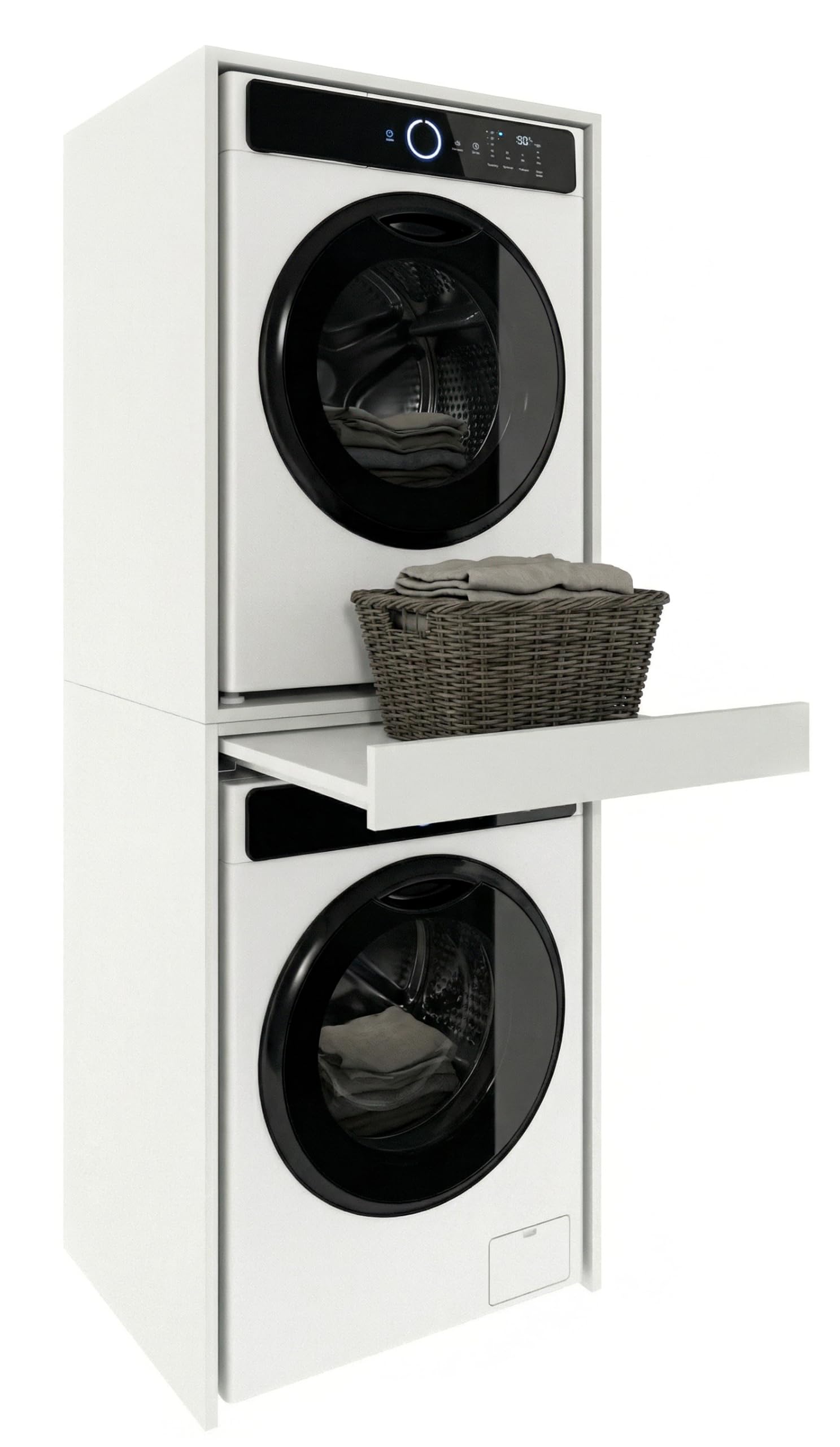 CraftPAK Waschmaschinenschrank für Waschmaschine & Trockner | Platzsparender Waschturm mit ausziehbarer Arbeitsfläche | Schrank für Badezimmer und Hauswirtschaftsraum mit Stauraum