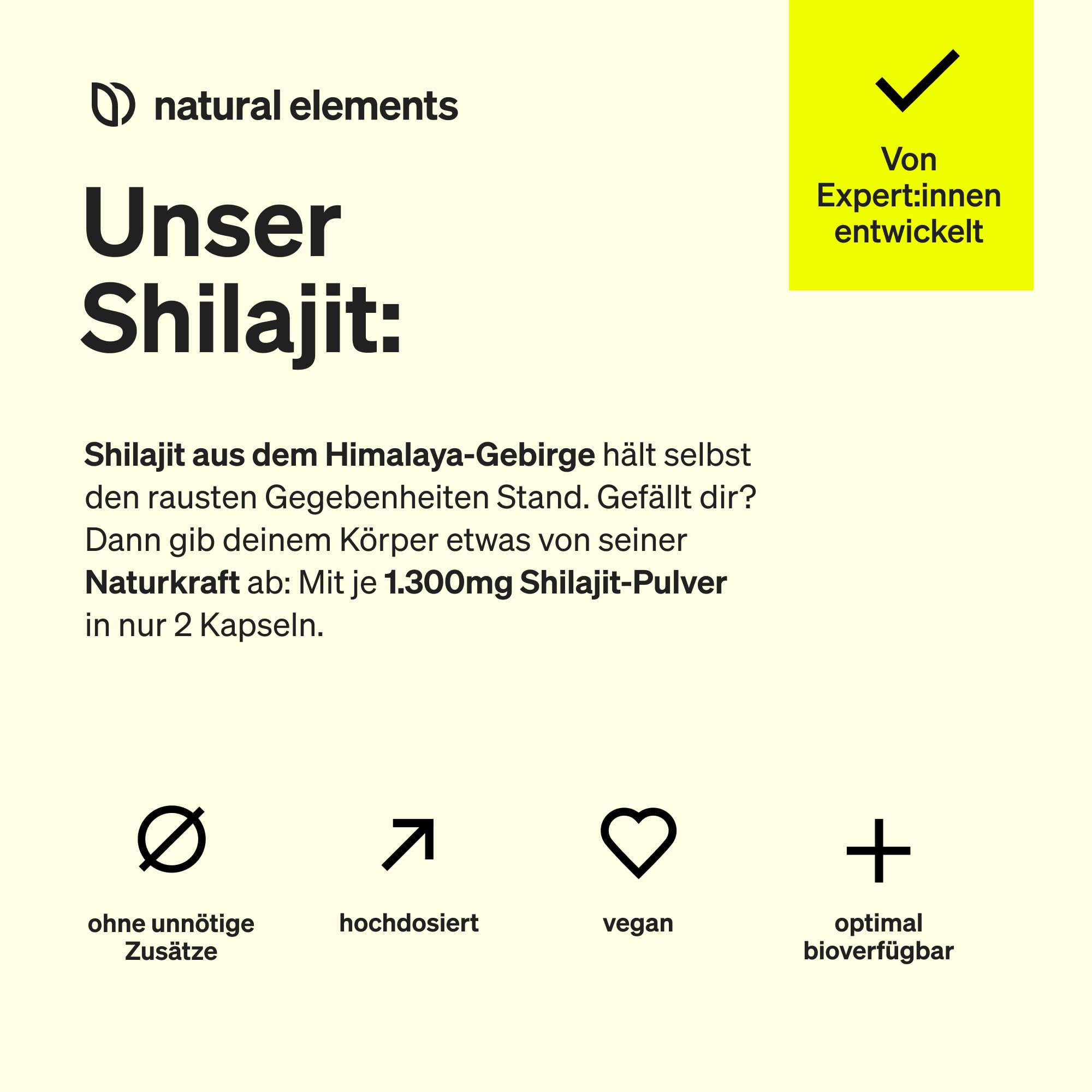 natural elements Mumijo Shilajit Kapseln – hochdosiert 1300mg pro Tagesdosis – 120 Kapseln Shilajit Original aus dem Himalaya – vegan, ohne unnötige Zusätze – in Deutschland produziert & laborgeprüft