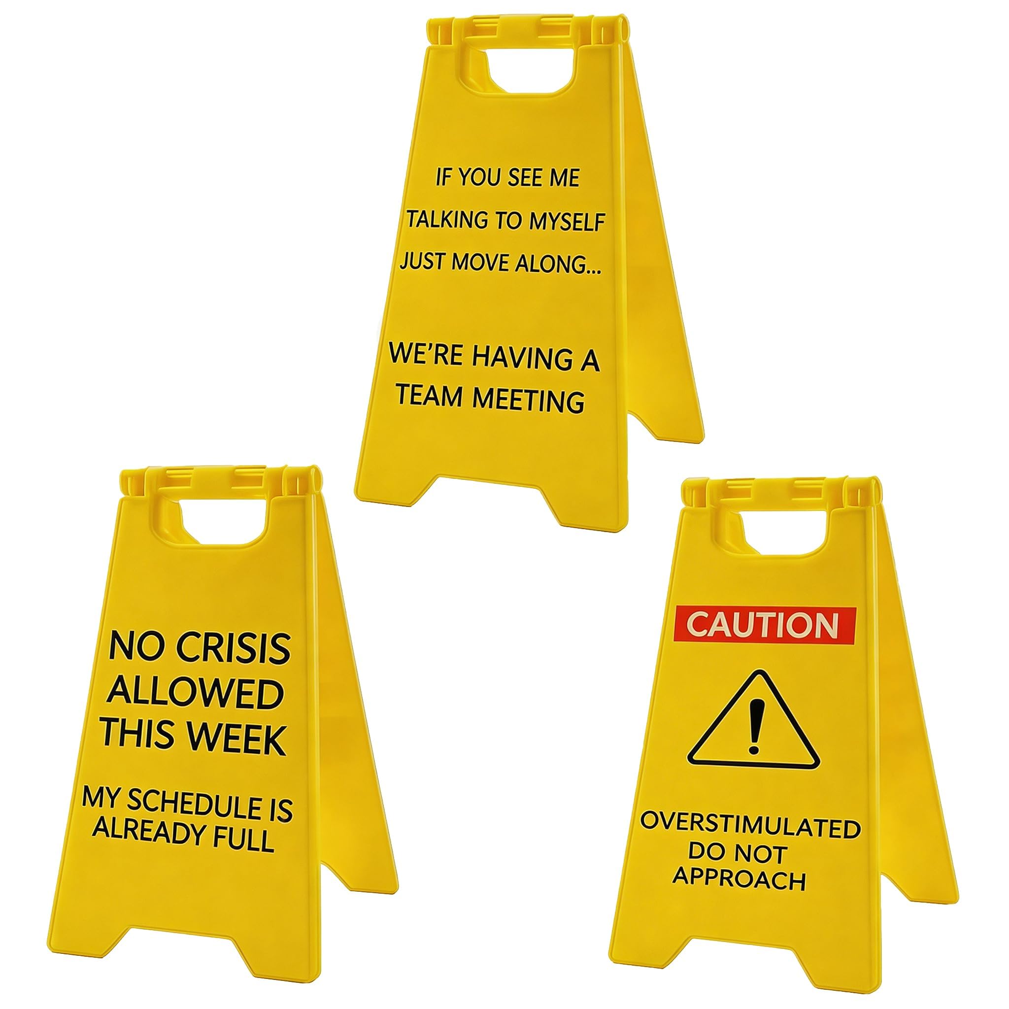 Sgethch Yellow 3 Pcs Funny Desk Signs, Funny Office Desk Accessories, Caution Overstimulated Mini Warning Signs, Foldable And Durable Prank Humorous Gifts, For Coworkers Employees Boss Teammate Office (Yellow)