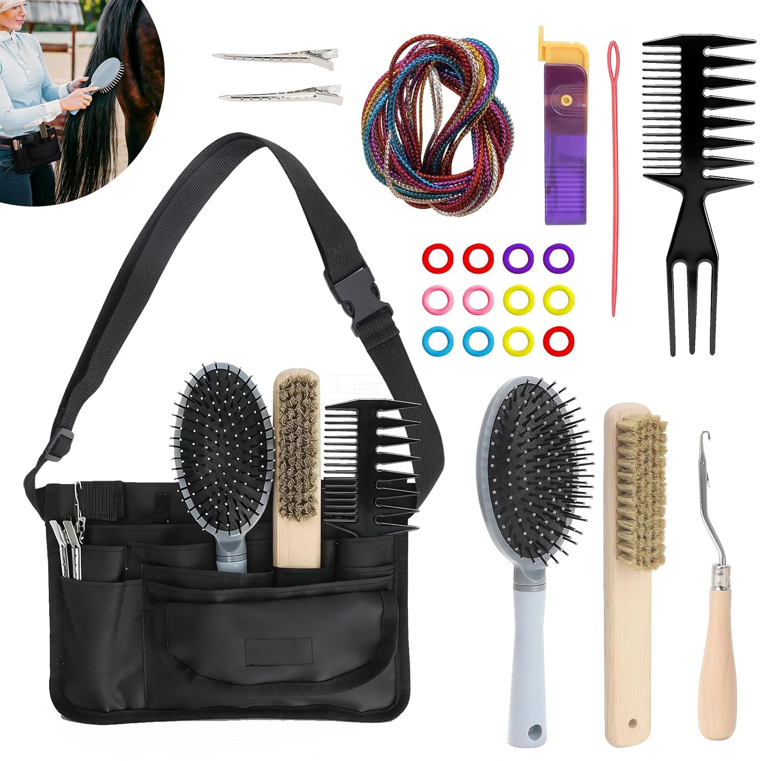 Horse Braiding Kit 10-Piece,Grooming Tools with Handmade Waist-Hanging Bag, Durable Show Supplies -Must-Have Horse Dressing Supplies for Events & Celebrations