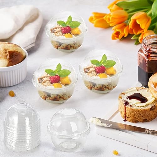 Miniatura 7 de Paquete de 100 tazas de plástico de postre de 8 onzas con tapas de cúpula, tazas de yogur transparente sin agujeros, vasos desechables para servir
