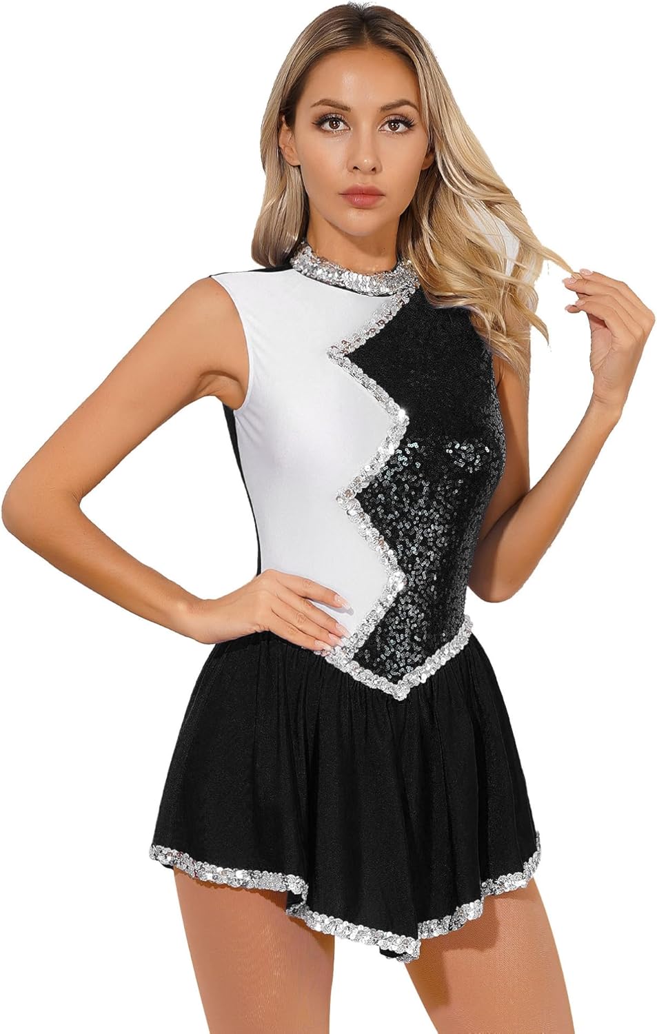 Vxuxlje Women's Shiny Sequins Figure Ice Skating Dress Color Block Sleeveless Lyrical Dance Dress