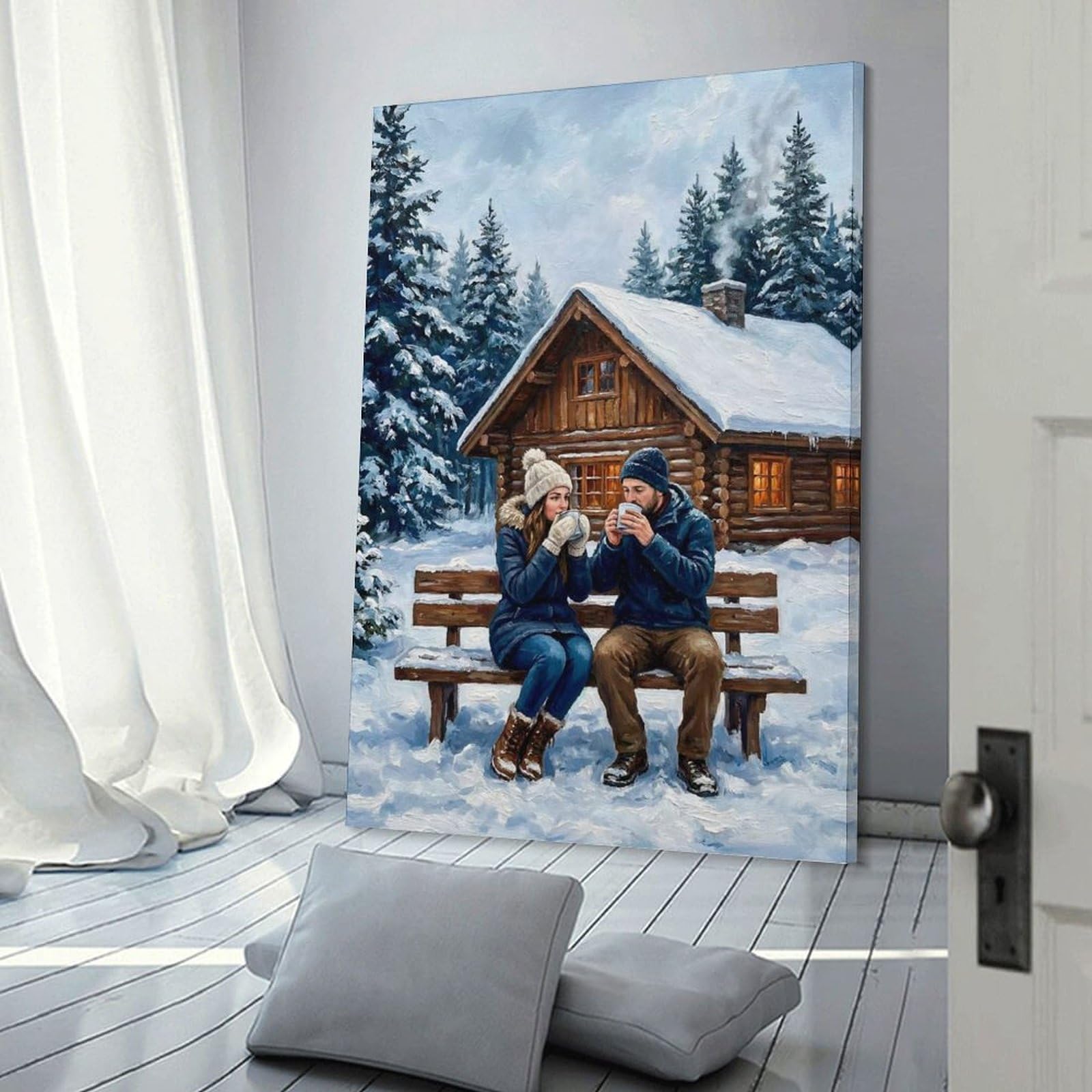 Junmoney Frame-Style-24 Couple Enjoying Hot Drinks In Snowy Cabin Setting Home Decor Wall Art 20X30inch(50X75cm), For Lounge, Study, Hallway Or Flat Walls, Stylish Home Artwork For Focal Walls