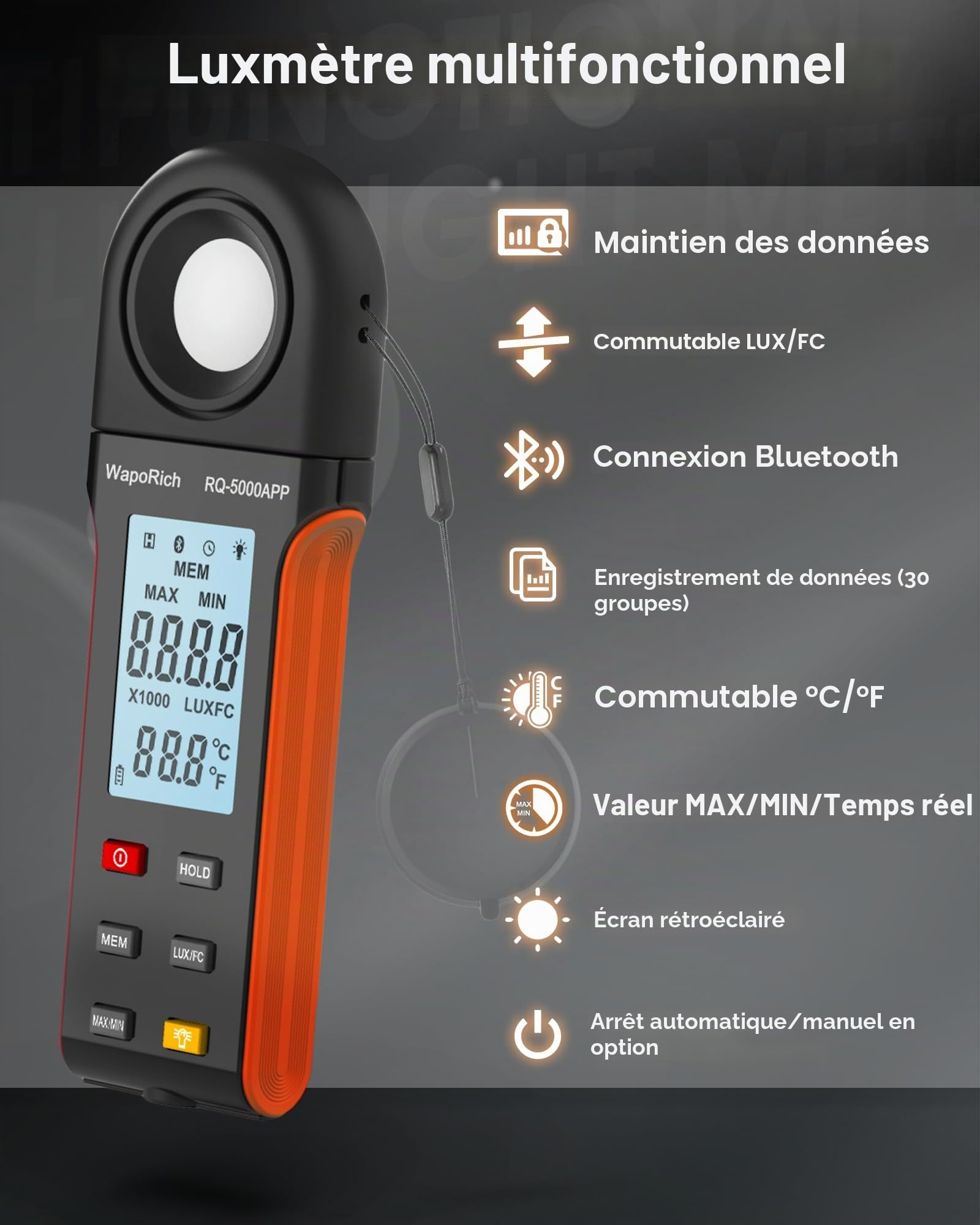 Luxmètre Numérique Luxmetre Bluetooth, WapoRich Mesureur de Lumière Lumen Meter Portable Mesure 1~400,000 Lux/FC avec Test de Temp Ambiante et Écran Retroéclairé pour Les Plantes et LED - RQ-5000APP