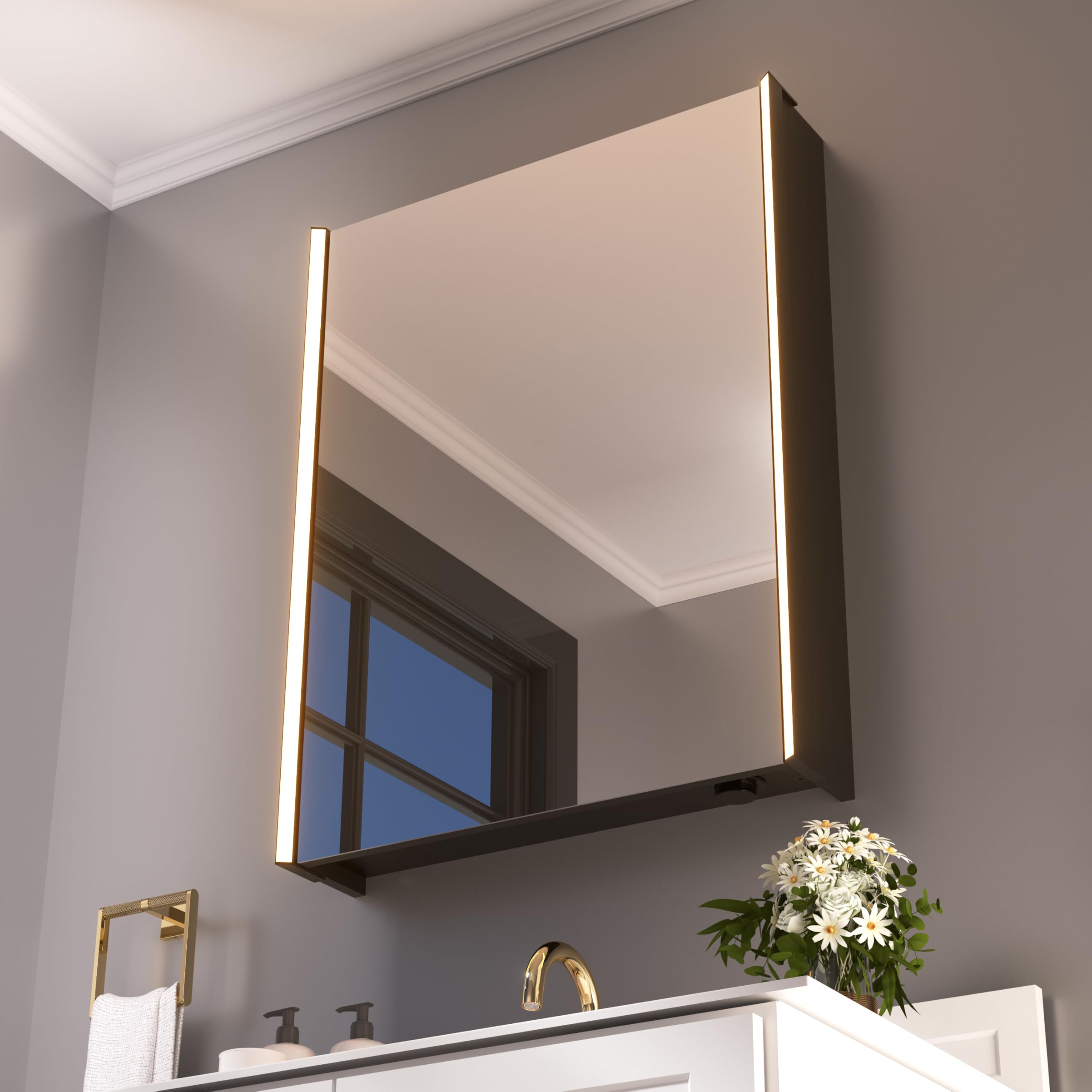 Armoire à pharmacie lumineuse à DEL de 76,2 cm x 58,2 cm avec miroir, bois résistant à l'humidité, intensité variable en continu, 3000 K/5500 K, étagère réglable, design à plat