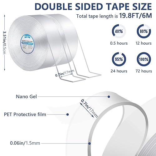 Miniatura 2 de Cinta de doble cara resistente (2 rollos de 19.8 pies), cinta de montaje multiusos de doble cara, fuerte adherente, cinta adhesiva lavada y