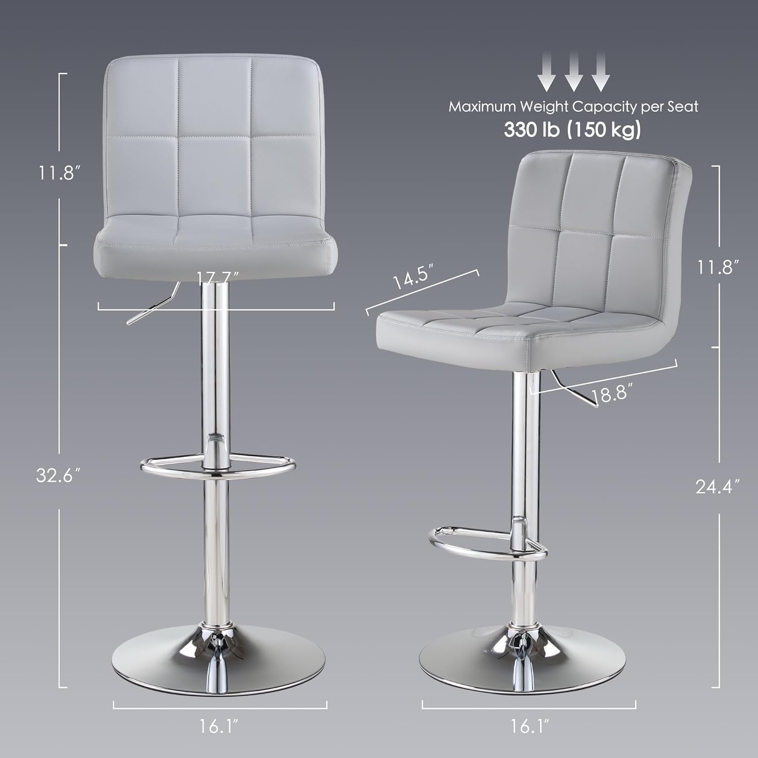 Bar Stools Set of 2, Thickened Seat Cushion Square Swivel Bar Stools with Back, Adjustable Counter Height Bar Chairs for Kitchen Island, Dining Room, Lightgrey