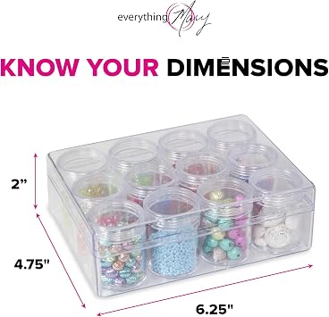 Everything Mary 12-Jar Bead Organizer Clear Storage Box for Diamond Painting, Jewelry, Craft Beads & Small Supplies Includes Screw-Top Jars for Diamond Art, DIY & Travel Use