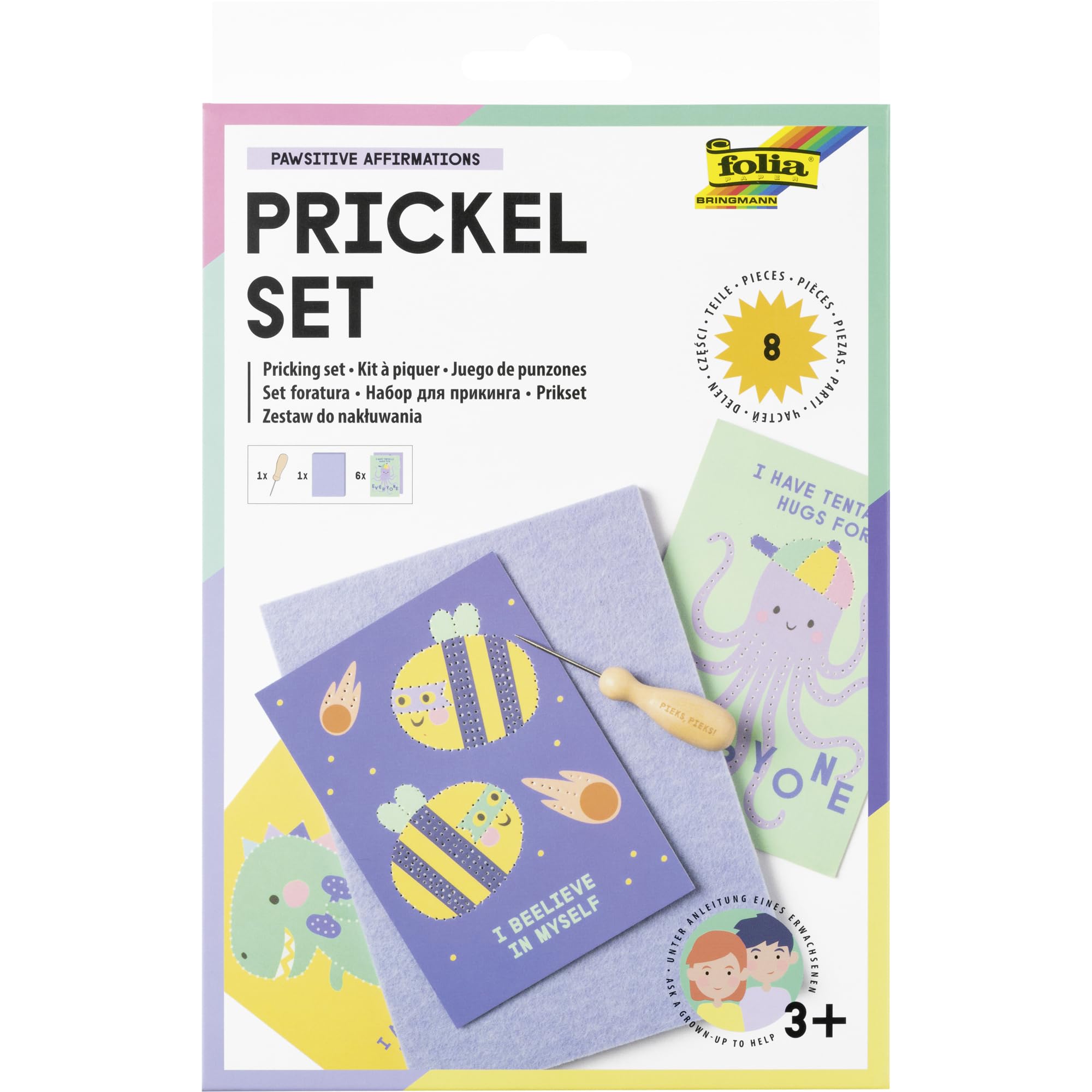 Folia 23619 - Prickel Set Pawsitive Affirmations, Bastelset aus 1 Prickelnadel, 1 Filzunterlage und 6 Motivvorlagen, inkl. Anleitung und DIY Ideen