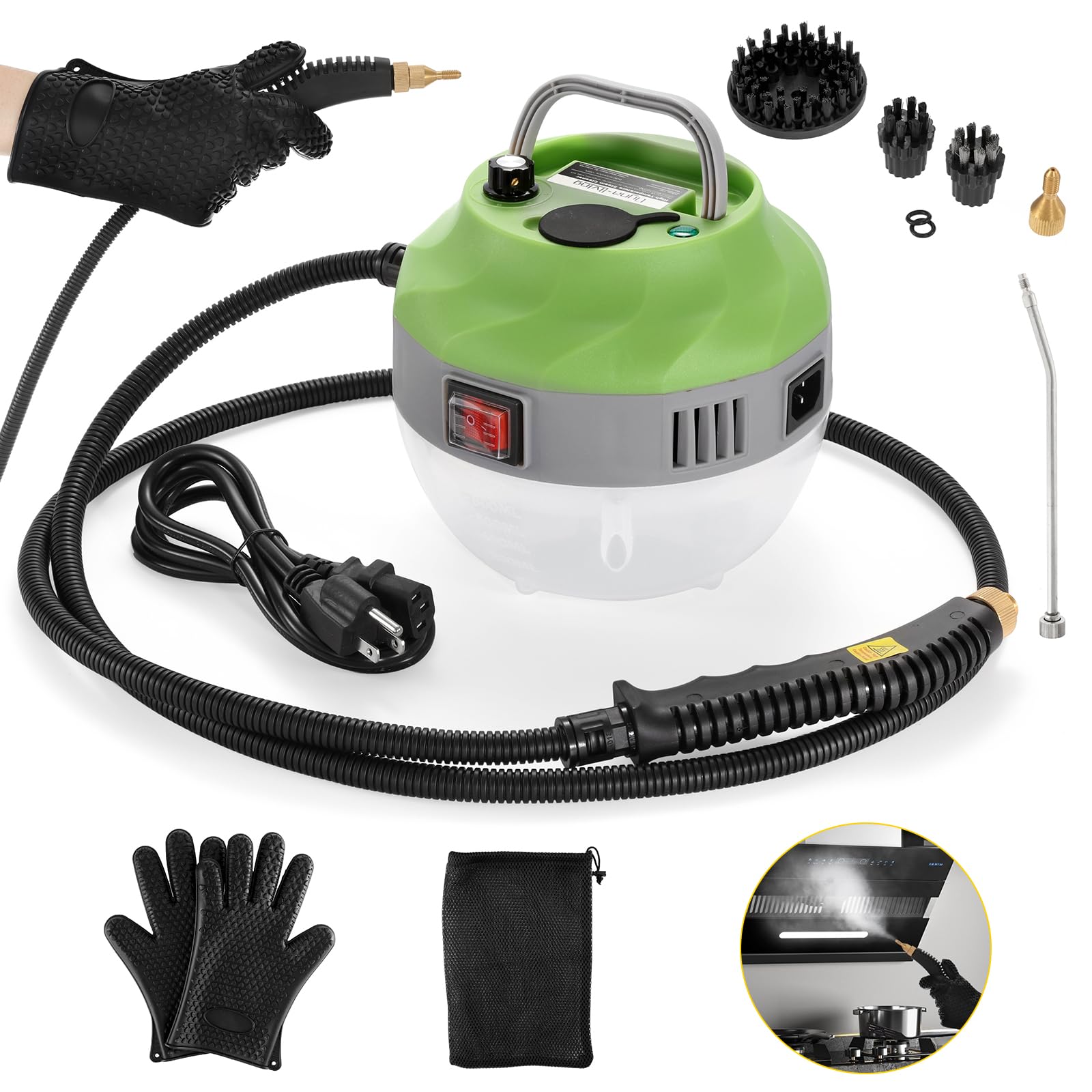 Dyna-Living Steam Cleaner 2500W Steamer for Cleaning with 1400ml Water Tank Steam Cleaner Handheld for Home Use, High-Pressure Steamer Cleaner for Car, Portable Car Steamer for Auto Detailing, Green