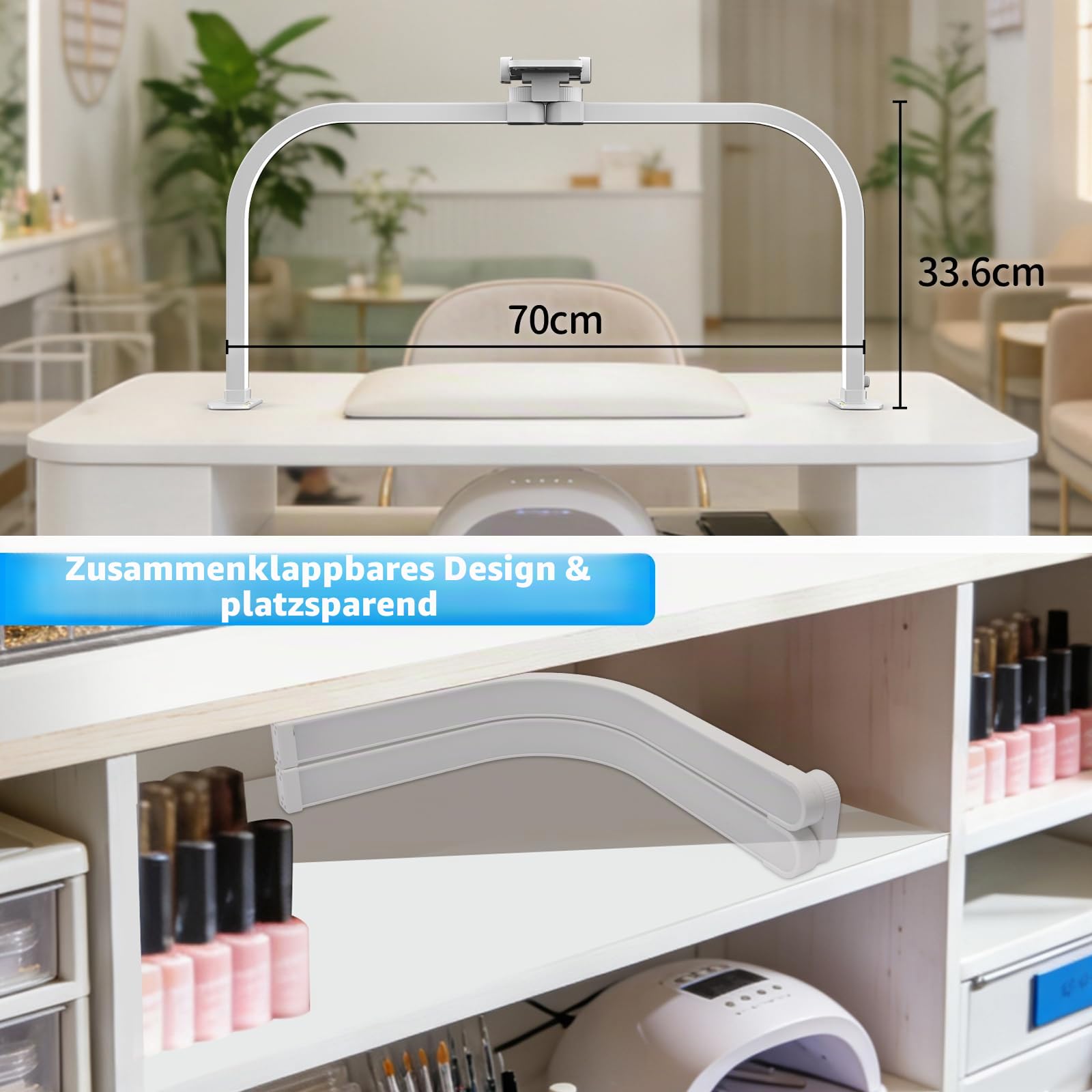 CGBE LED Halbmond Lampe für Nageltisch Faltbare für Nageltechniker - Weiß | 28 Zoll Dimmbar Nageltisch Lampe mit Handyhalter - 3 Farbmodi 10 Helligkeiten - Tischlampe für Maniküre Tattoo Basteln