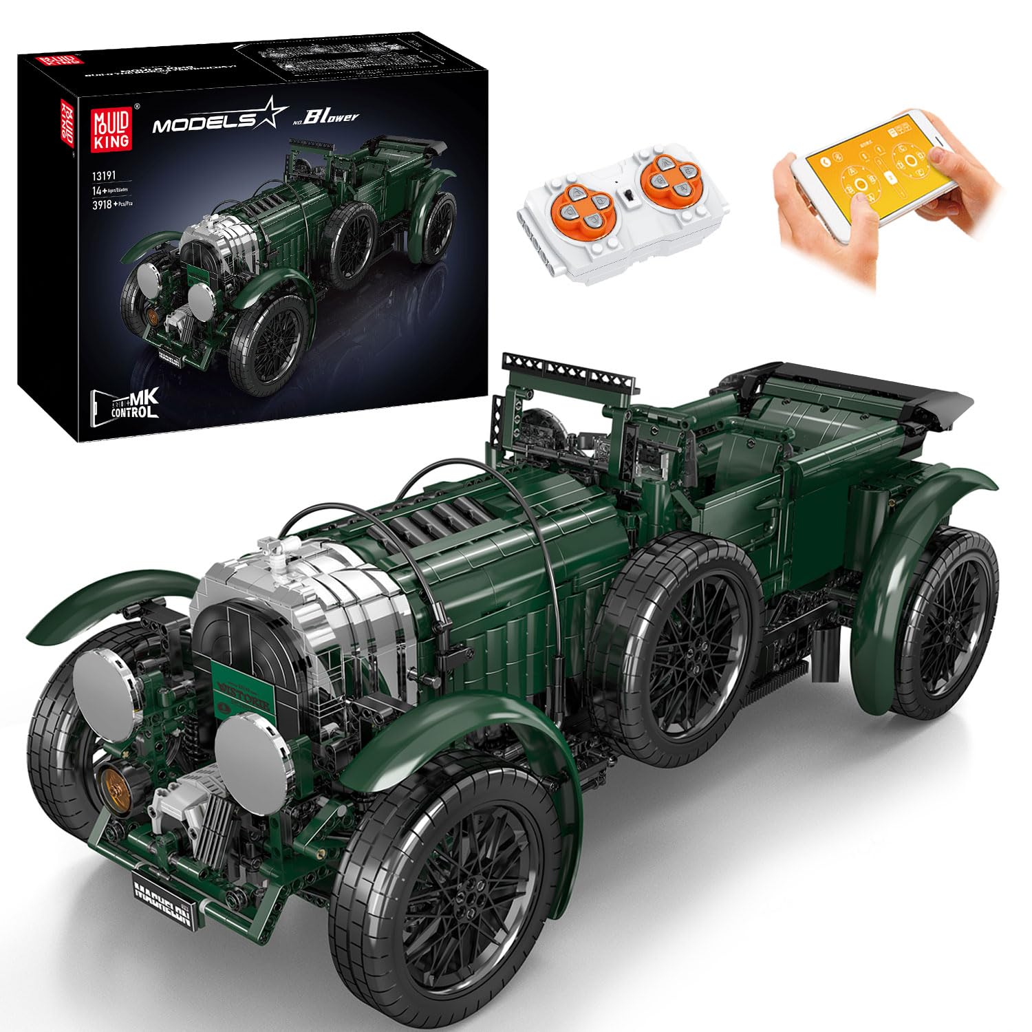 13191 MOC Technik RC British Vintage Car Model Building Blocks Kit, Technology 1930s Blower Auto Clamping Block Kit, APP Control Electric Vintage Car Gift for Boys 8+/ Adults (3918+ PCS)