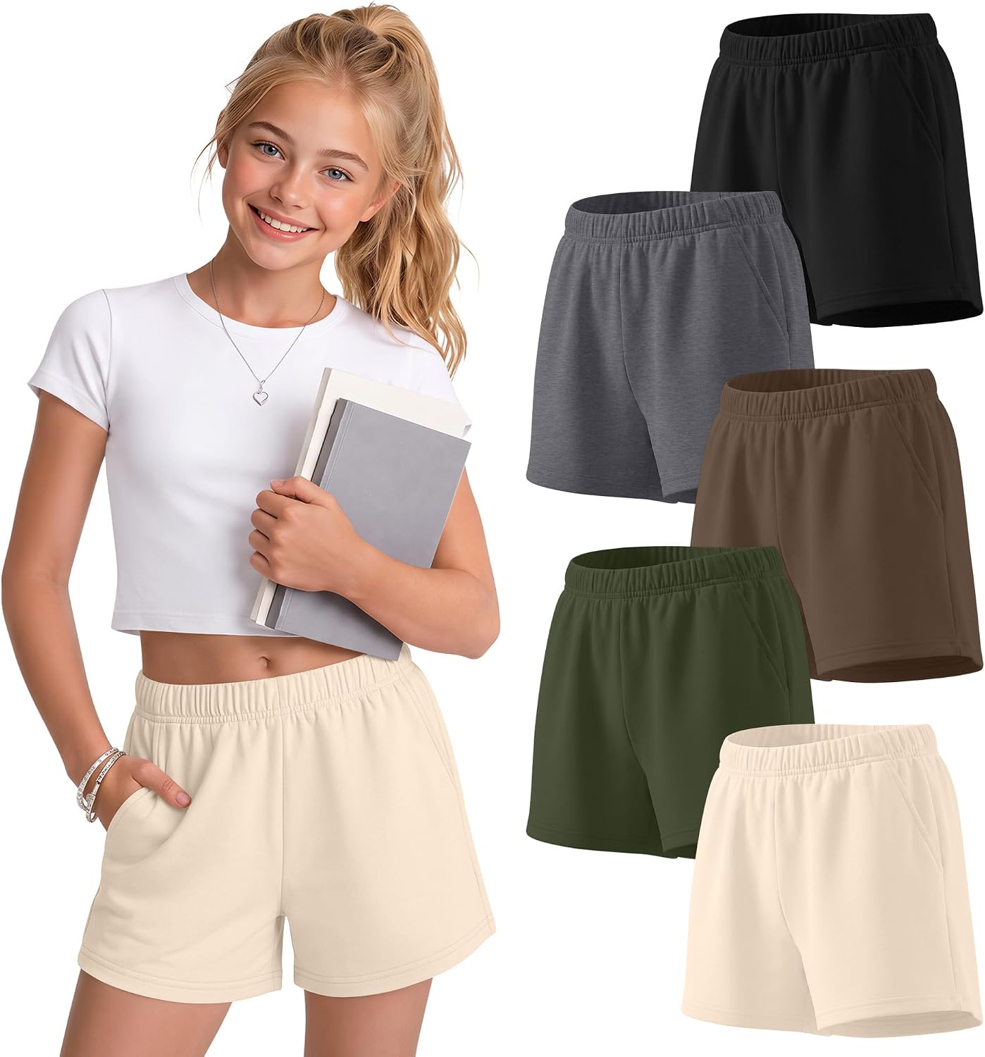 5 Pack Girls Athletic Shorts with Pockets