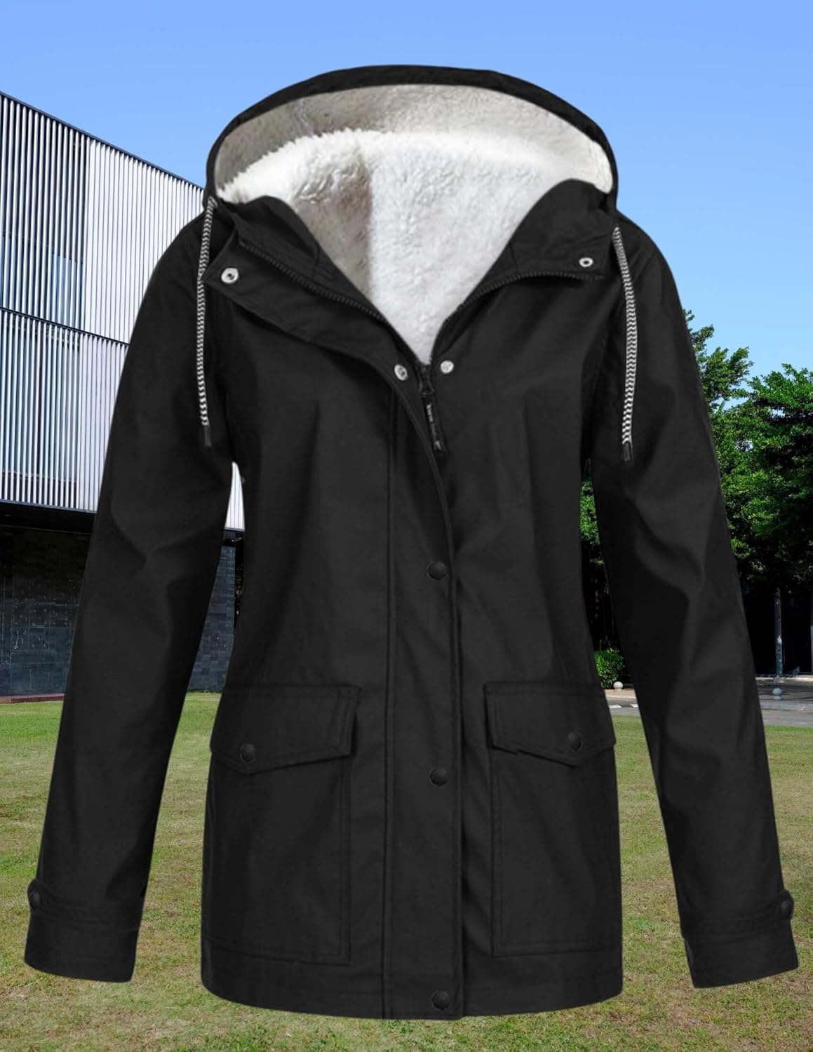 LIZALIG Women Waterproof Rain Jacket - Fall Winter Outdoor Sports Hooded Trench-style Windbreaker Parka Solid Zip Up