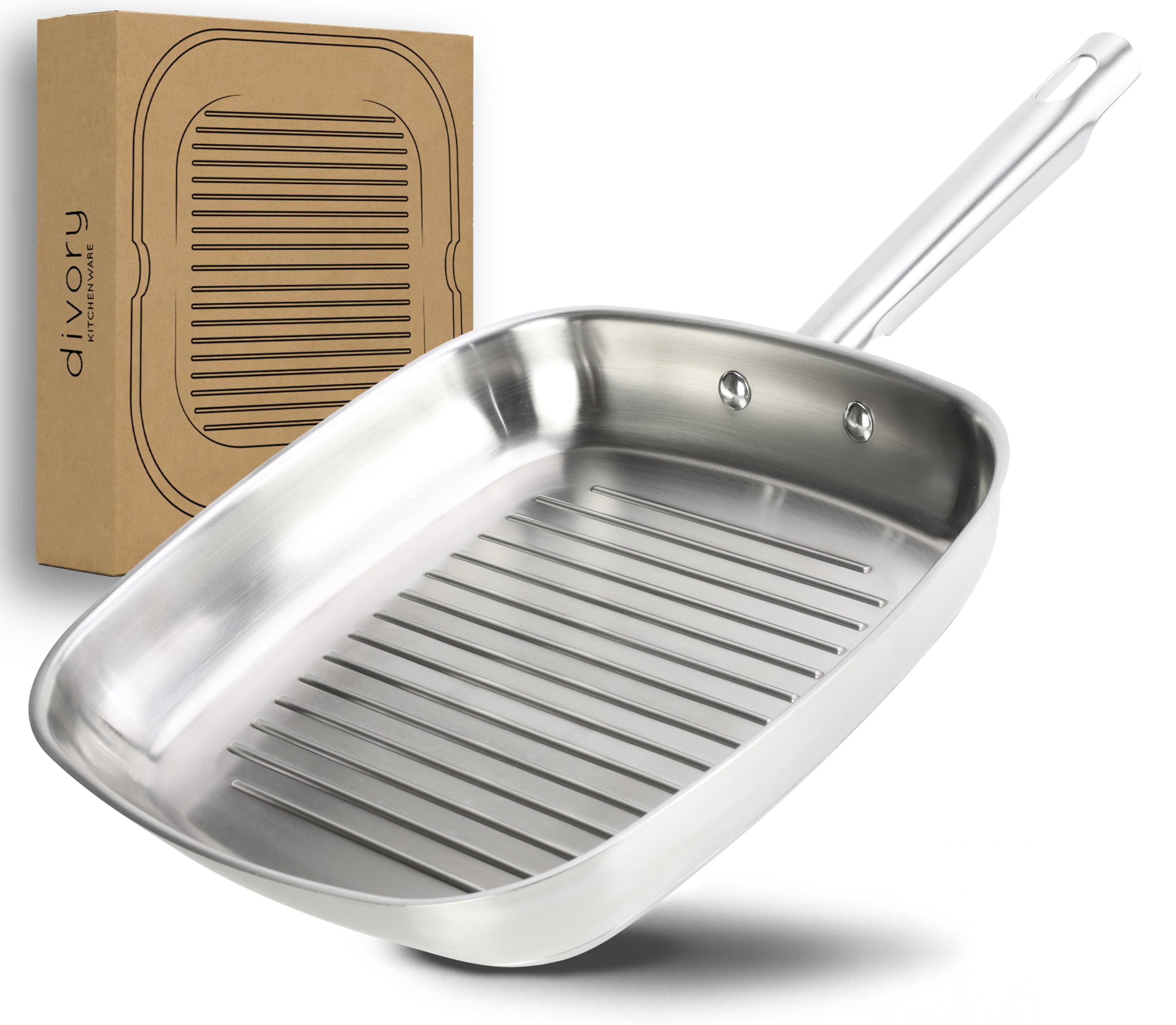 DIVORY Bistecchiera 28 x 28 cm, Padella per Bistecca in Acciaio Inox Senza Rivestimento - Induzione, Adatta al Forno e a Tutti i Piani Cottura, Senza PTFE e PFOA (PURA, 28 cm)
