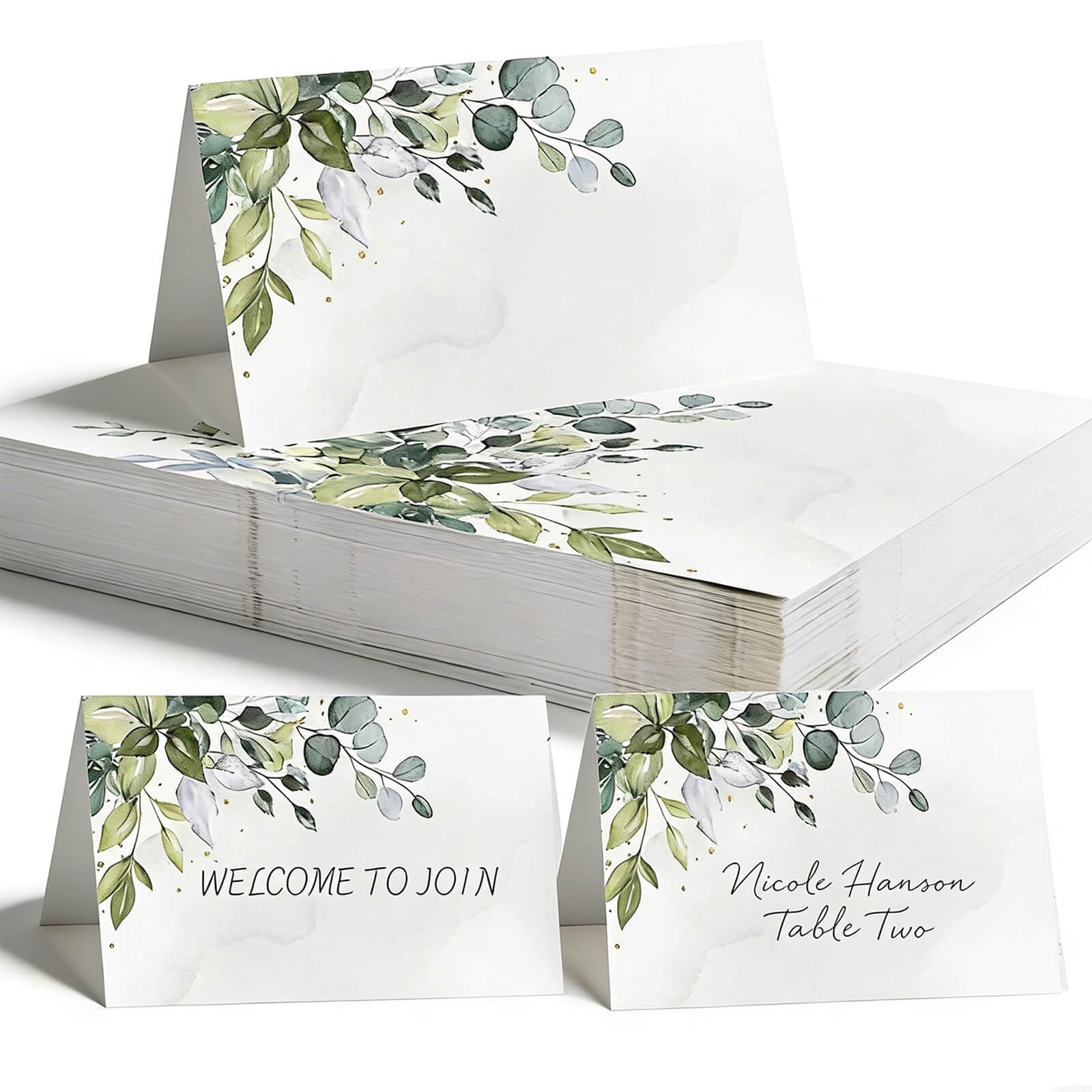 100 PCS Table Place Cards, Reception Seating Name, Green Leaf Paper Number Holder for Wedding Birthday Dinner Party