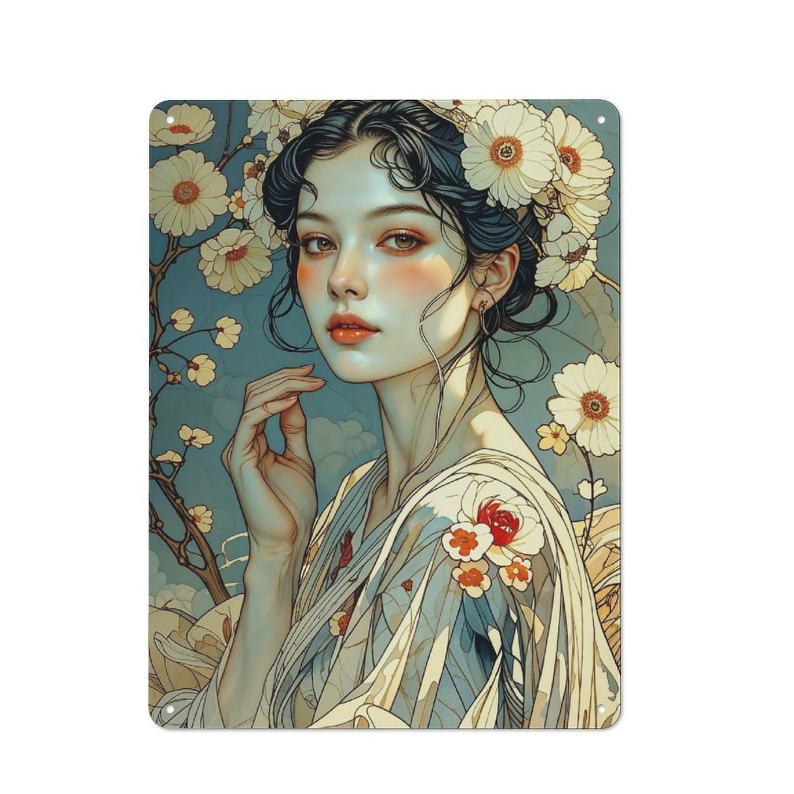 Country Style Anime Manga Style Woman in Kimono Decorative Metal Sign 40x30cm, Bistro Wall Plaque for Restaurant, Kitchen, Counter Or Breakfast Nook