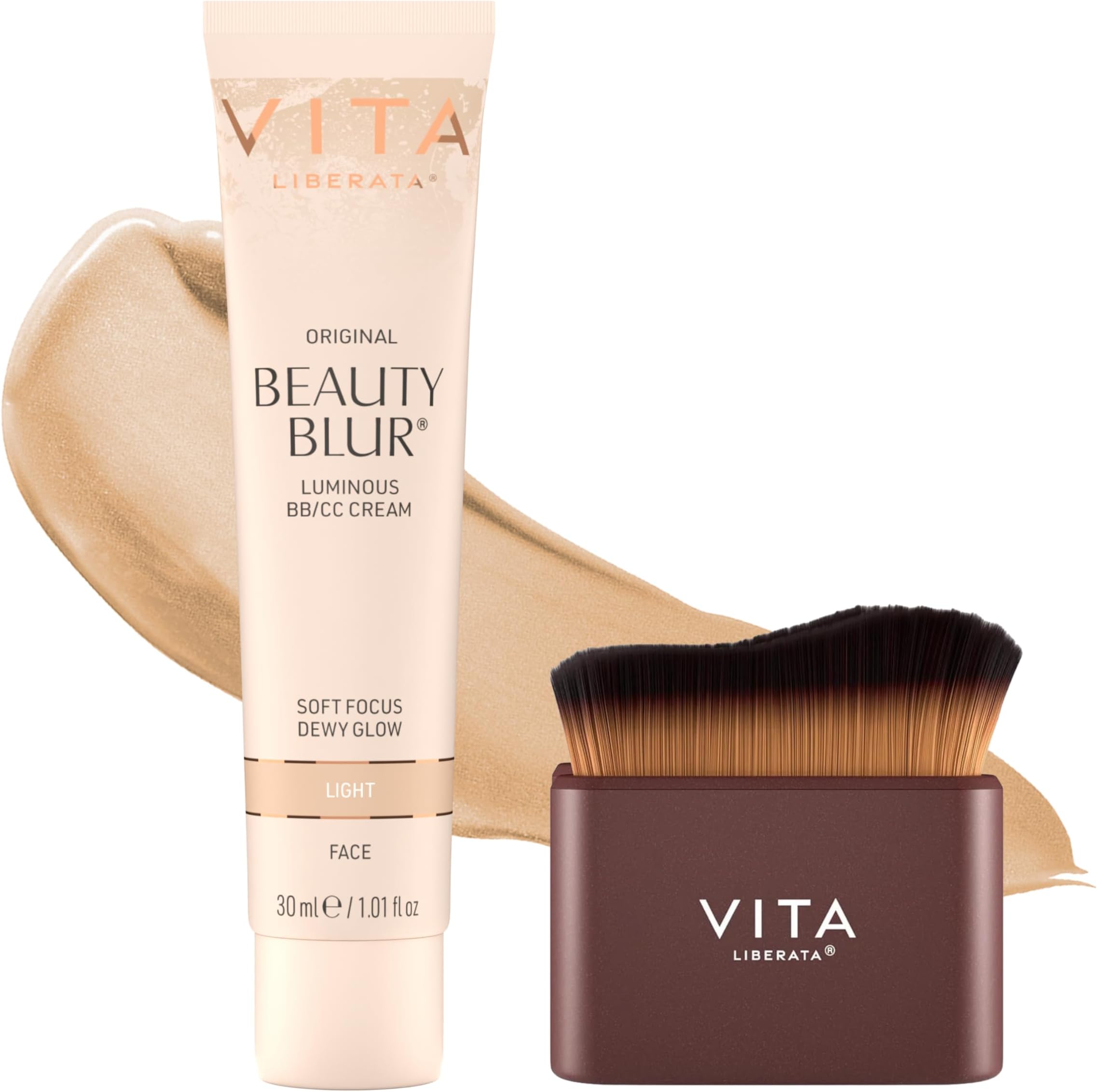 VITA LIBERATA Beauty Blur Light 30ml & Brush Bundle, BB/CC Cream, Hydrating complexion booster, Radiant Glow & Flawless Finish, Colour Corrector, Tinted Primer, Flawless application blending brush