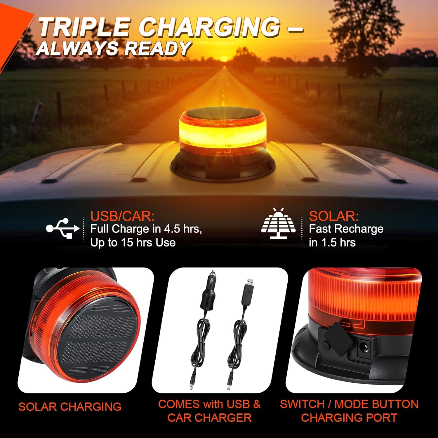 Solar Amber Strobe Light, 48 LED Rechargeable Emergency Warning Beacon Light with 9 Flash Modes, Magnetic Mount, IP68 Waterproof for Trucks, Forklifts, Tractors, Golf Carts, UTV, Car, Bus
