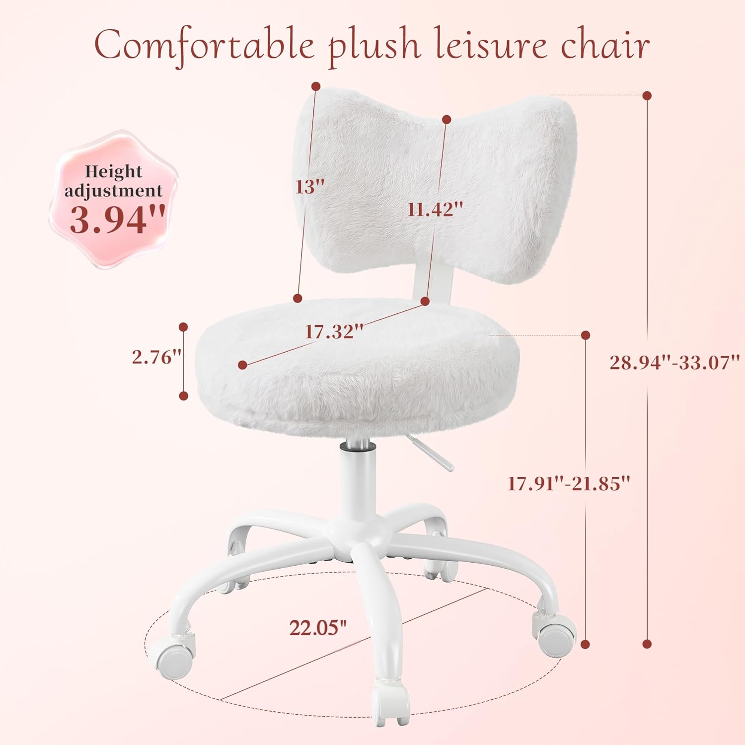 Homkdom Vanity Chair with Back, Swivel Chair with Wheels & Adjustable Height, Fluffy Faux Rabbit Fur Comfy Desk Chair for Vanity, Make-up Room, Bedroom, Dorm, Cute Bow Backrest, White