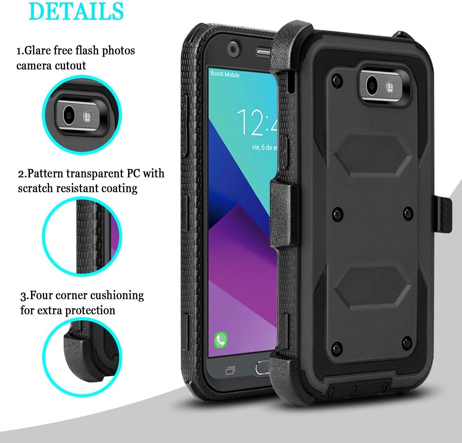 Galaxy J3 Emerge Case,Galaxy J3 Prime Case, J3 Eclipse Case,J3 Mission Case,J3 2017 Case, Jwest Heavy Duty Belt Clip Holster Dual Layer Protective Case with Kickstand (Black)