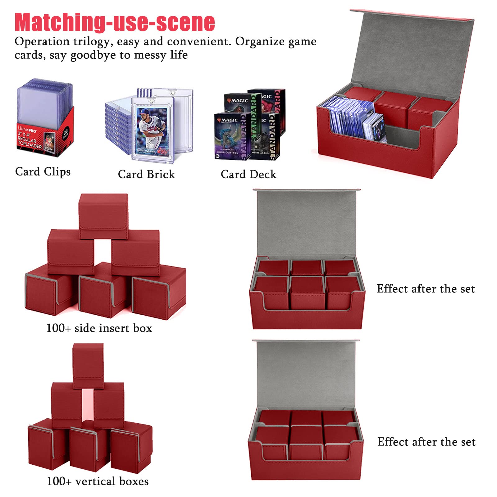 Premium 2-Row Trading Card Storage Box, chiusura magnetica Trading Card Deck Storage Box, 600 + Card Deck Case per Trading Cards, Sport Cards (rosso grigio)