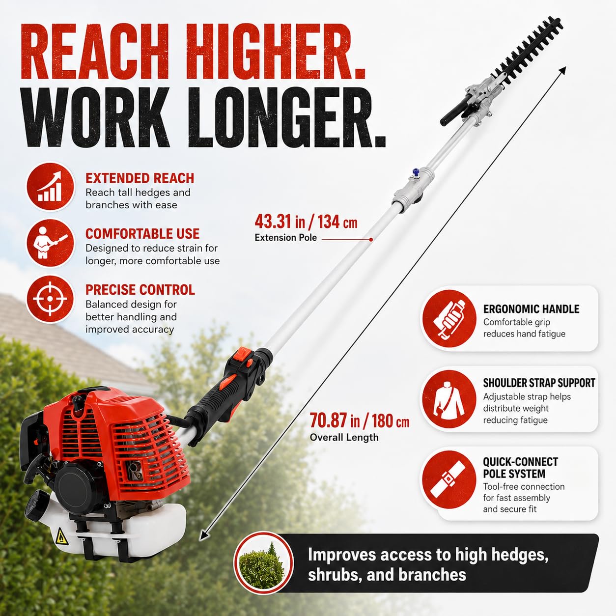 5 w 1 Weed Eater silna, wydajna kosiarka, w pełni funkcjonalne akcesoria do żywopłotu, 52 cm³, benzyna, nożyce do żywopłotu, pilarka łańcuchowa (czerwona)