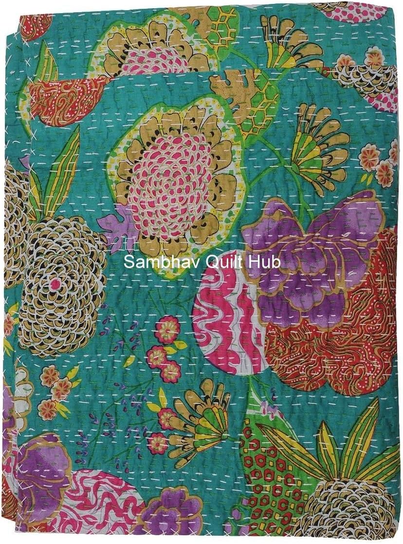 Queen/Twin/King Indian Bottle Green Fruit Reversible Bedspread Pattern Gudri Pure Cotton Kantha Style Quilt Floral Fruit Print Decorative Kantha Stitch Quilt (90X108 inches)
