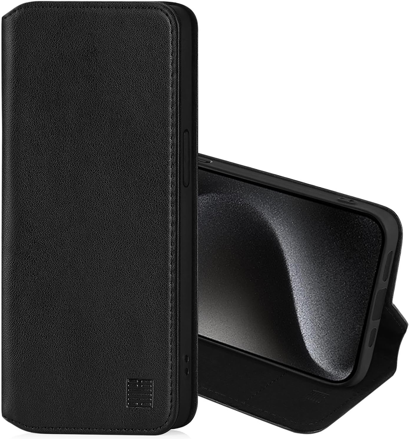 32nd Classic Series 2.0 - Real Leather Book Wallet Flip Case Cover for Apple iPhone 15 Pro (6.1"), with RFID Blocking Card Slot, Magnetic Closure and Built in Stand - Black