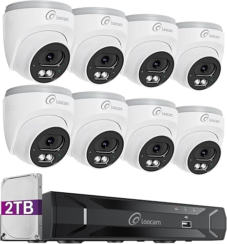 Loocam Sistema de cámara de seguridad PoE 8CH 5MP NVR, 8 cámaras IP domo de 4MP con cable, sistema de cámara de vigilancia con cable, detección de