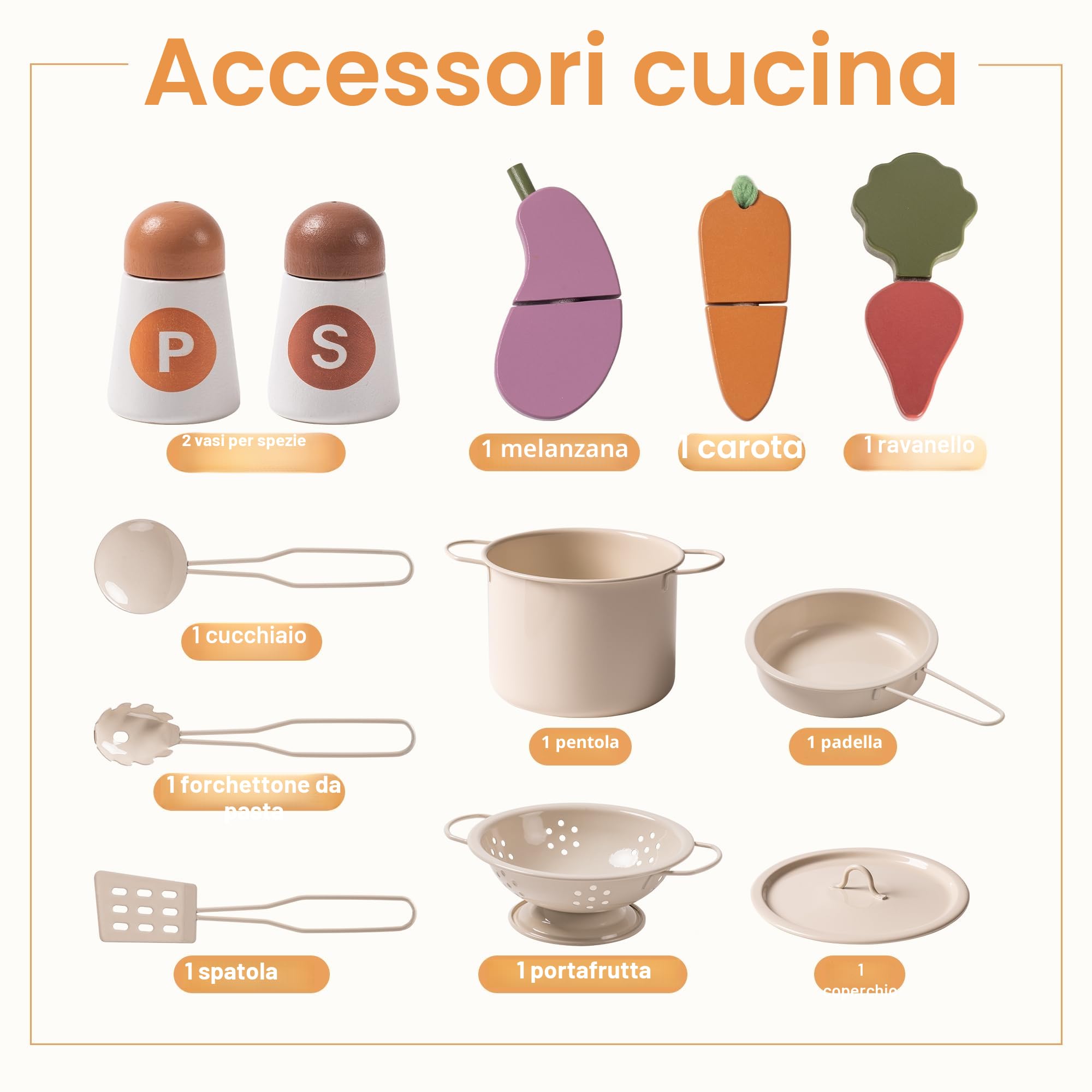 ROBUD Cucine da gioco in legno per bambini, con stoviglie, pentole, insalatiera e verdure, adatte per bambini dai 3 anni in su