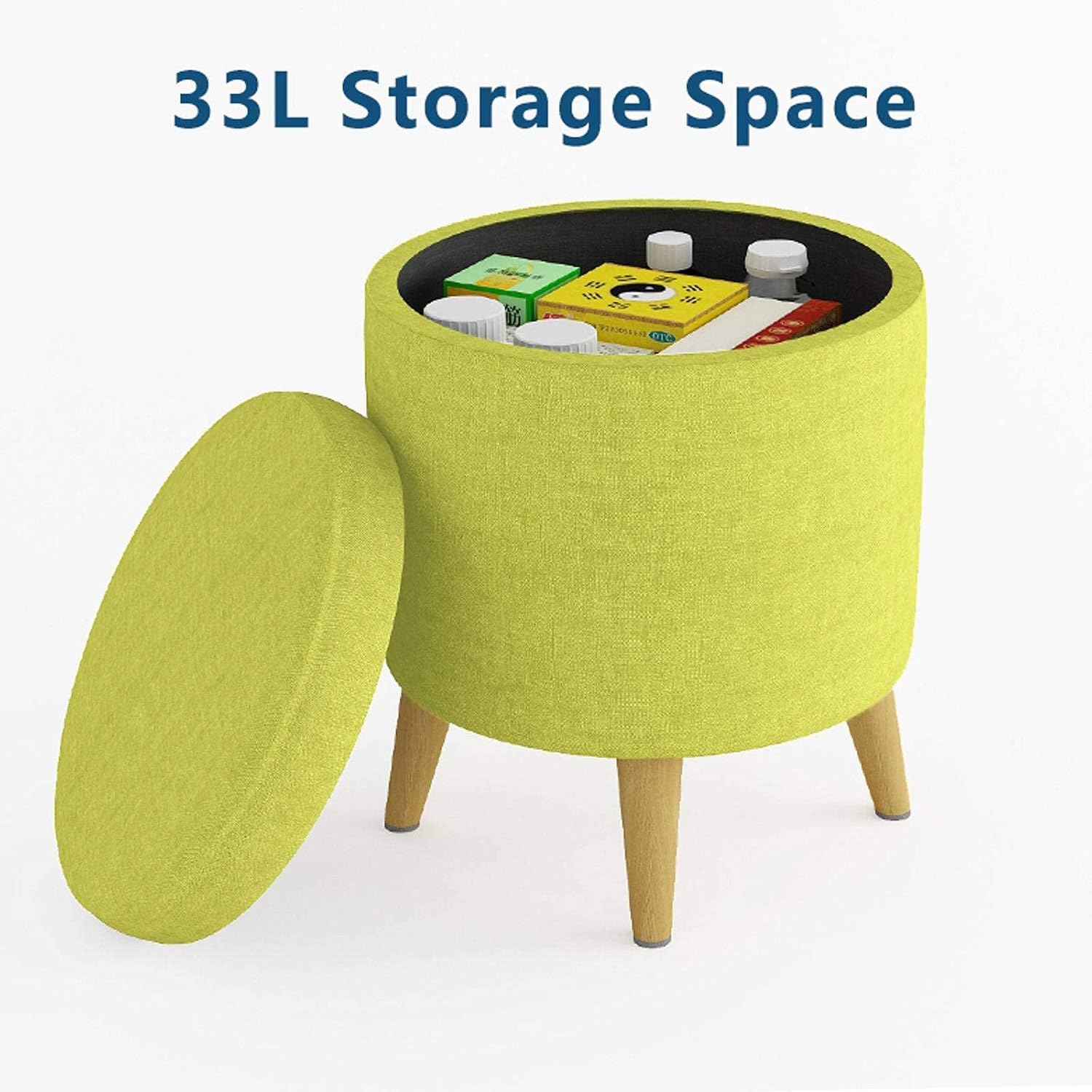 LaseVe Footstool, Storage Ottoman, Linen Breathable Stool Seat with Solid Wood Legs Footstool Round Storage Box Suitable for Living Room Bedroom Apartment-37x37x45.5cm(15x15x18inch)-D