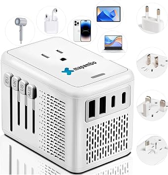 Mapambo 220V to 110V Voltage Converter US to Europe for Hair Dryer with 3 USB A 1 USB C Worldwide Dark Grey