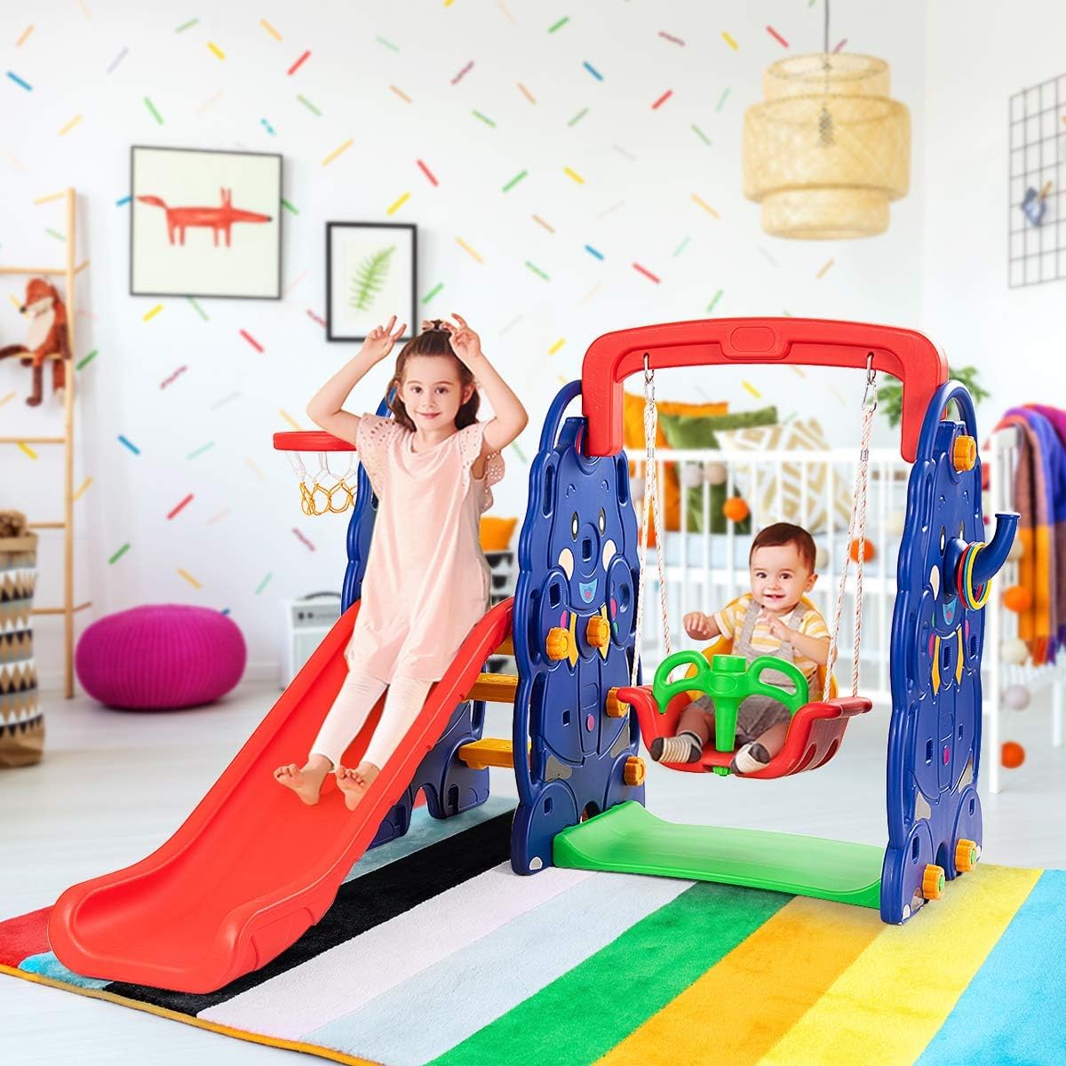 GLACER 5-in-1 Toddler Slide with Swing, Children Indoor Playground w/Climber, Toss & Basketball Hoop, Backyards Slide Sets for Baby, Indoor Outdoor Swing Sets for Backyard, Garden, Patio