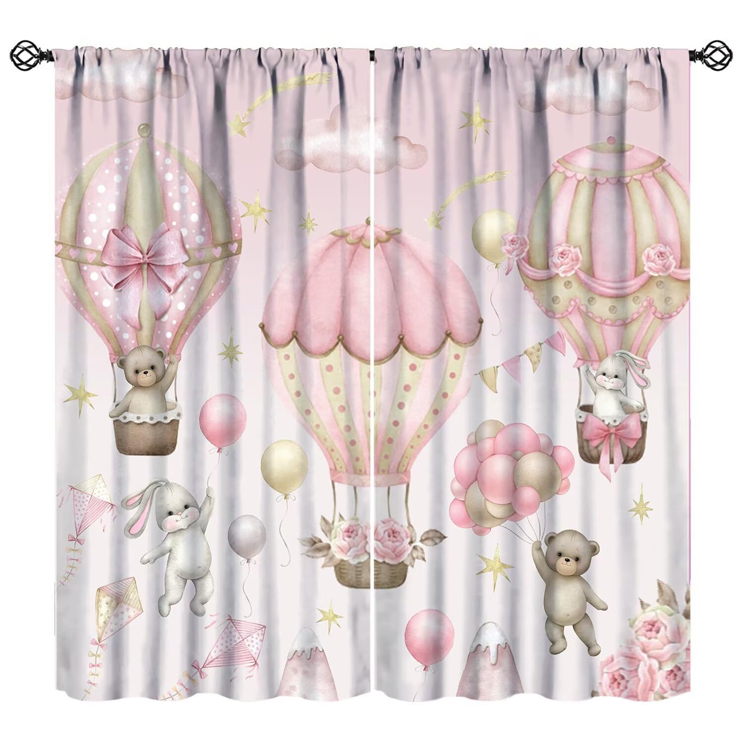 JESTRONRY Cartoon Bear Curtains,Cute Lovely Rabbit Rainbow Cloud Balloon Pink Background Window Treatments for Kids Nursery Toddler Baby Bedroom Curtain 52" W X 84" L (Blackout)