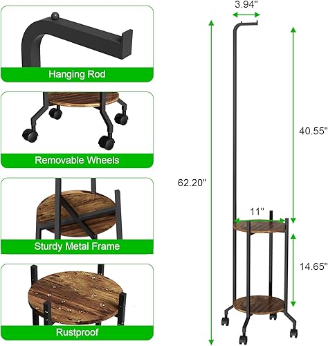 Miniatura 4 de Soporte para plantas de interior, estante alto colgante de 2 niveles con ruedas, soporte de 3 esquinas para flores, soporte de metal para plantas,