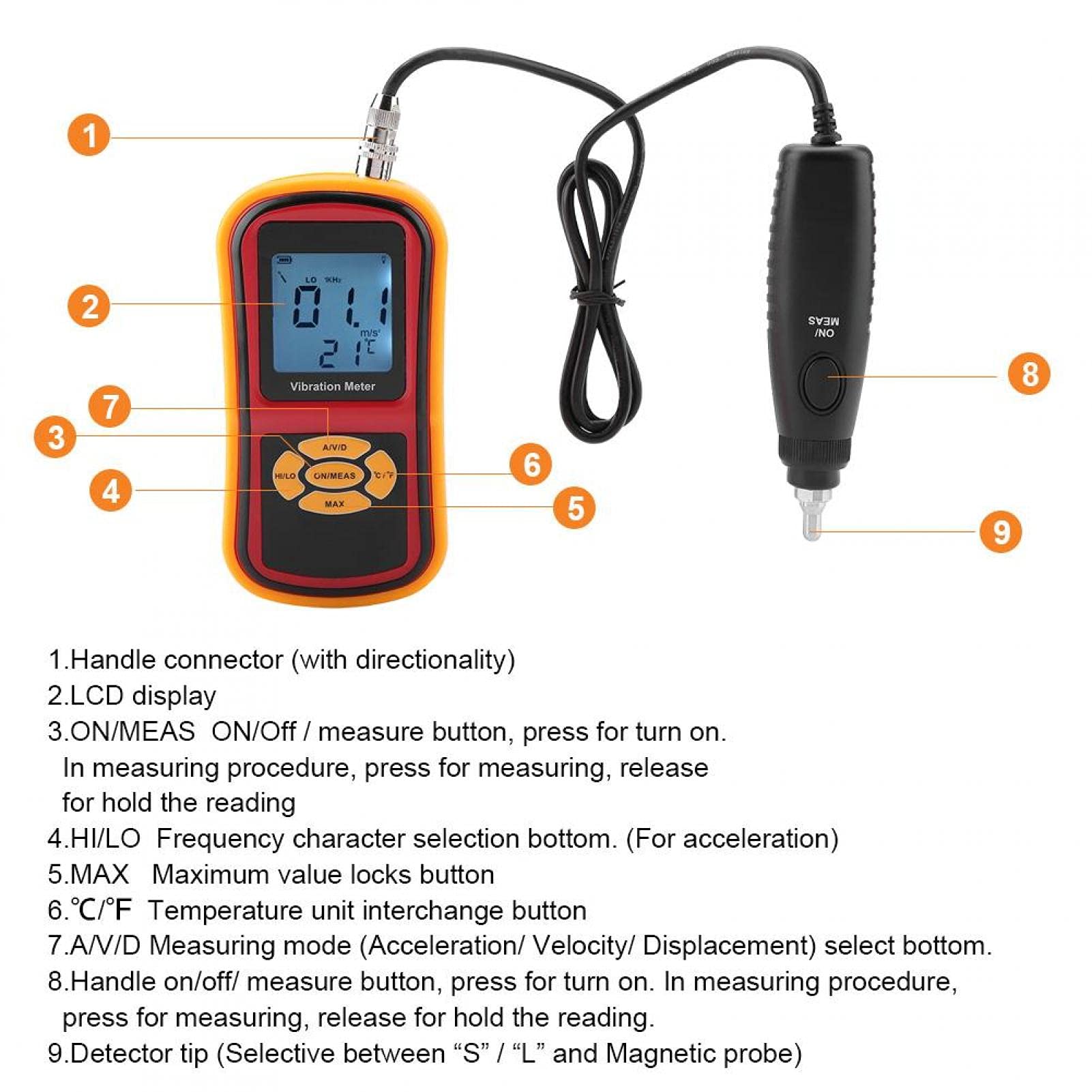 Vibrationsmesser, LCD-Display Digitaler GM63B Vibrationsmesser mit drei Sonden 0-40℃ für mechanische Uhren, Motoren, Lüfter und Lager